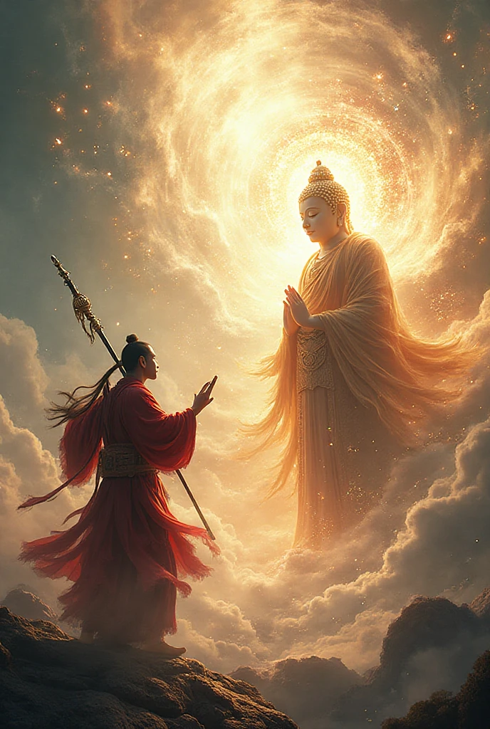 China-style，In the distance, A huge tall Buddha statue stands in space，Gaze at the earth，Standing Buddha statue，with light glowing，Glow effects，Pilgrims on the road，Hyper-realistic，Ultra photo realsisim，Real Photographics，8K，High definition，high qulity，Works of masters，super-fine，Chinese black and white ink style，（（（white colors））），Decolorization，Smudge，ink，8K，super-fine，high qulity，（（（OC renderer）））