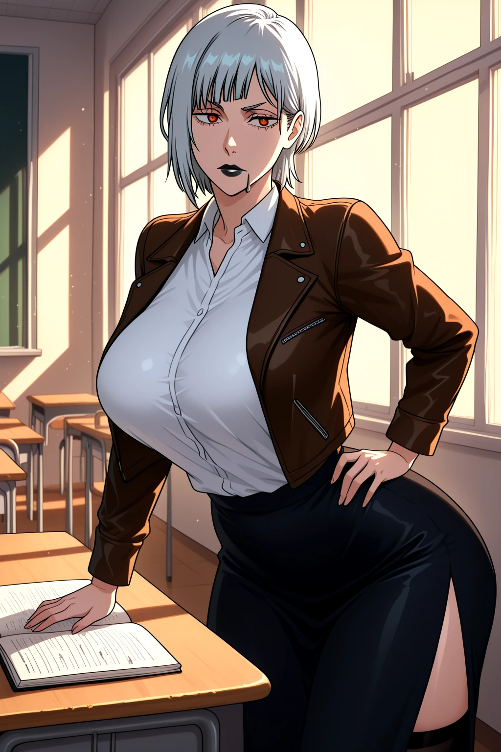 beautiful, ((masterpiece:1.2)), ((best quality:1.2)), extremely detailed face, perfect eyes, perfect face, 1 girl, solo, shiraki meiko, looking at viewer, (gigantic breasts), cleavage, tall female, glasses, single hair bun, school uniform, black thighhighs, plaid skirt, (red ribbon choker), shirt, open shirt, open clothes, brown jacket, <lora:shirakiMeikoPrison_v1:0.5>, <lora:Nacnacv13-000020:0.80>, sitting on desk, classroom background,