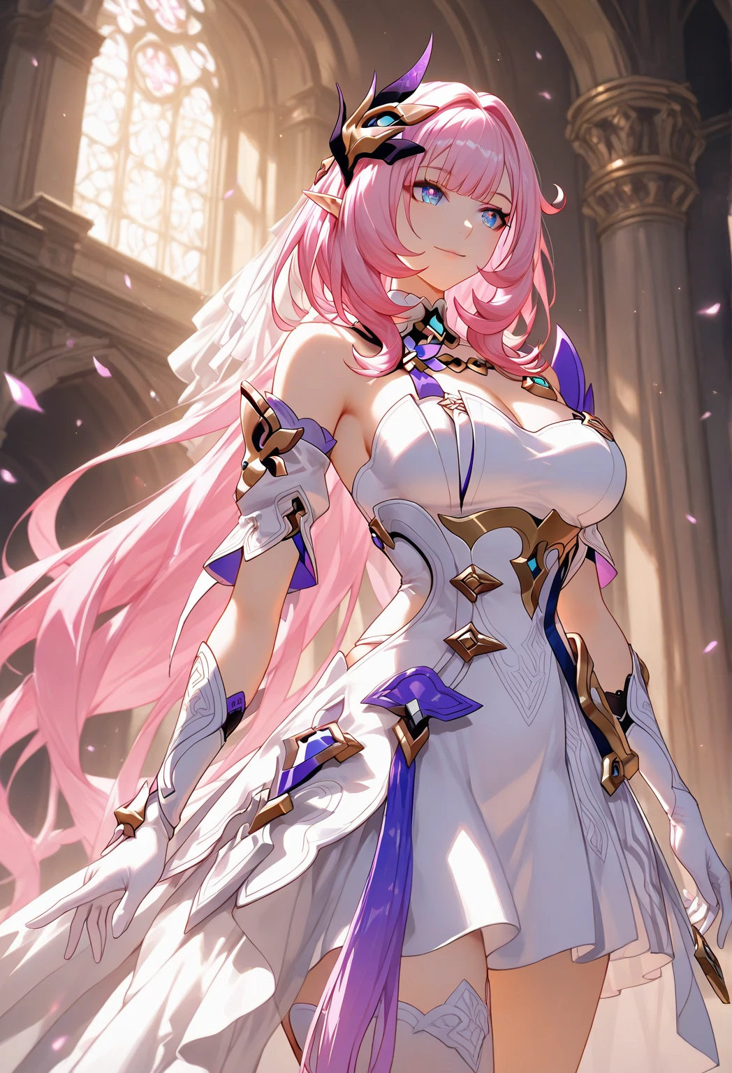 (best quality,4k,8k,highres,masterpiece:1.2),1girl,elysia,wearing simple white goddess gown,very long hair,large breasts,ultra-detailed,realistic:.75,grand cathedral with stained glass clock,body details,delicate,vibrant color palette,hourglass figure,elegant curves,delicate engravings,effects of light and shadow,sparkling gemstones,flower petals falling,emerald accents throughout,springtime essence,ethereal atmosphere,peaceful,serene,soft sunlight filtering through colored glass,lush greenery,vividly colored blossoms,impeccable craftsmanship,transcendent beauty,awe-inspiring artwork,face focus,dsmile:.25,eye focus