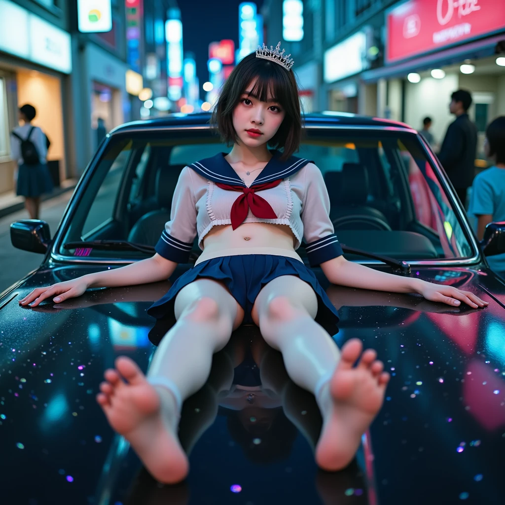 SFW, (Closeup from Crotch to Face) ExtremelyDetailed (SchoolGirl Lean against the Car) Spread Knees Up, perfect face, Brilliant(Tiny Crown), Detailed(Delicate Clothing textures) Sailor Uniform with Red Ribbon (((WhitePanties))), perfect hand (4 fingers and one thumb), Corrected Childish Fingers, Corrected leg to foot line, ((Starry Colorful Lights at Dusk City))((specular reflection of car body)), ((Hidden Arm) Hidden Sole), TopQuality 8K Ultra-detailed masterpiece (ProfessionalPhoto:1.37)(Acutance:0.8)