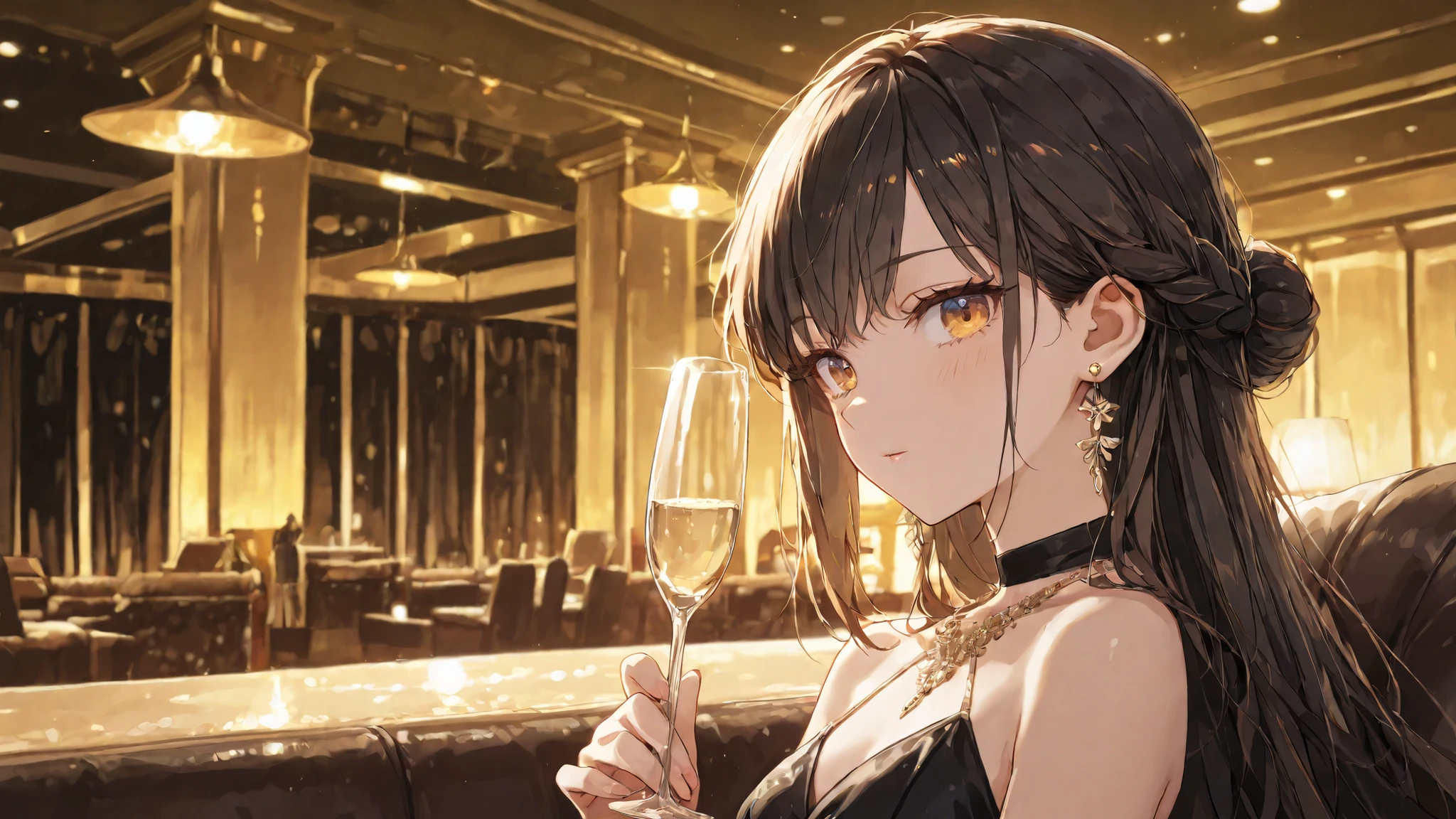 A glamorous anime-style beautiful girl, upper body portrait, wearing an elegant evening gown, holding a champagne glass gracefully, centered composition, luxurious hotel lounge background, warm golden lighting, sophisticated and classy atmosphere, highly detailed.