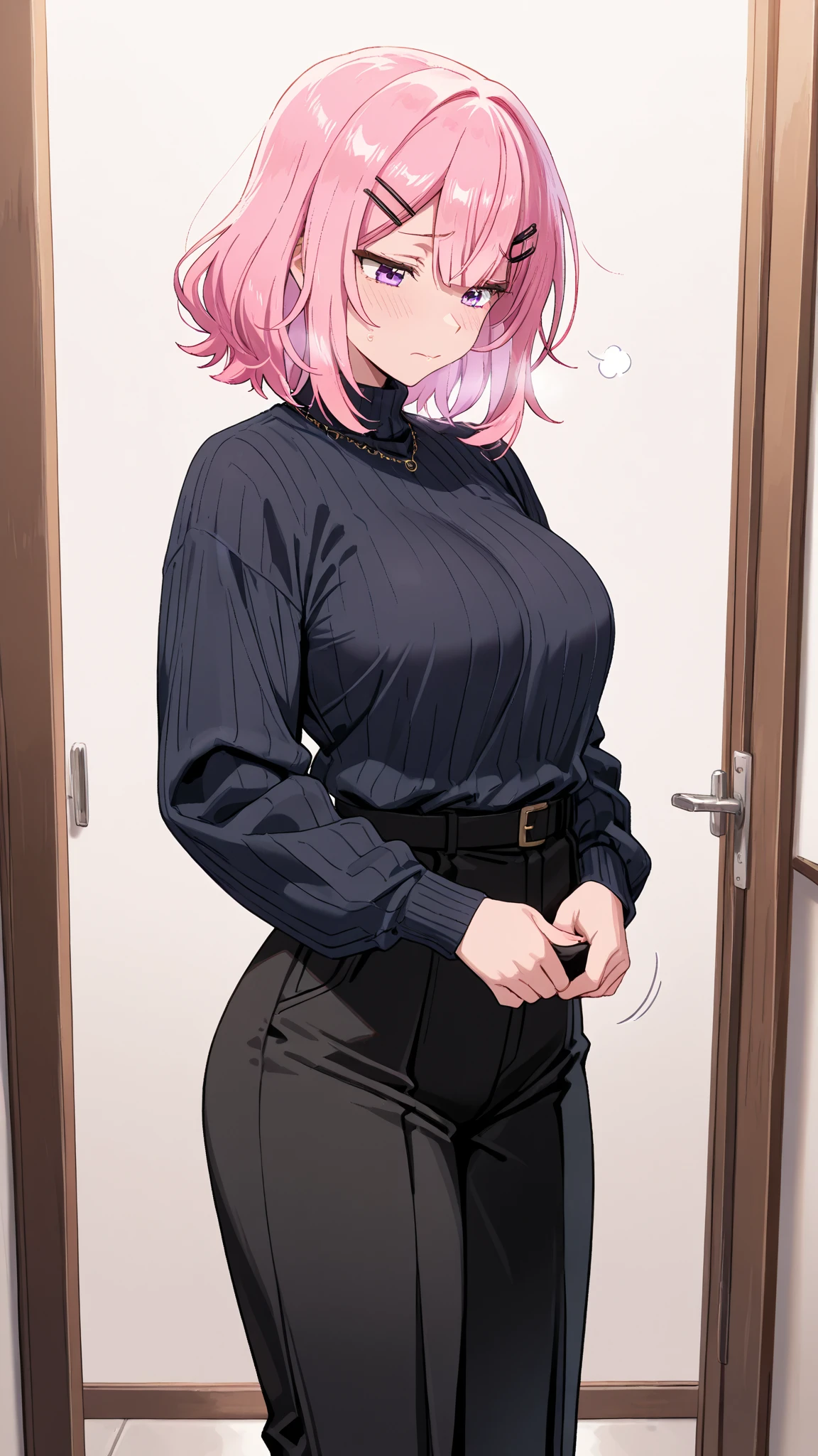Mei Hatsume, a girl with yellow eyes with cross-shaped pupils and asymmetrically combed pink hair, with two longer strands on the right side of her face, stood in front of a full-figured woman. long mirror admiring your reflection.