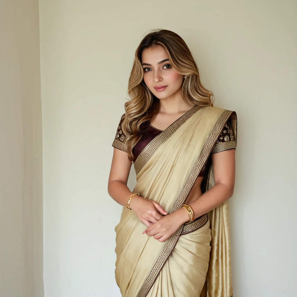 (best quality,4k,highres,masterpiece:1.2),ultra-detailed,(realistic:1.37),(beautiful:1.1) brown-eyed woman with long braid hair and a medium stature, wearing casual and sexy clothes, standing gracefully in a well-lit living room. The room is furnished with modern and elegant furniture, giving a luxurious atmosphere. The woman's beautiful face is detailed, with captivating eyes that shine with brown color. Her lips are full and luscious, adding to her sensual appeal. She exudes confidence and elegance as she poses, showcasing her entire body. The lighting in the room highlights her beautiful brown skin, giving it a warm and radiant glow. The overall scene has vivid colors and sharp focus, creating a realistic and photorealistic image.wearing sexy saree,