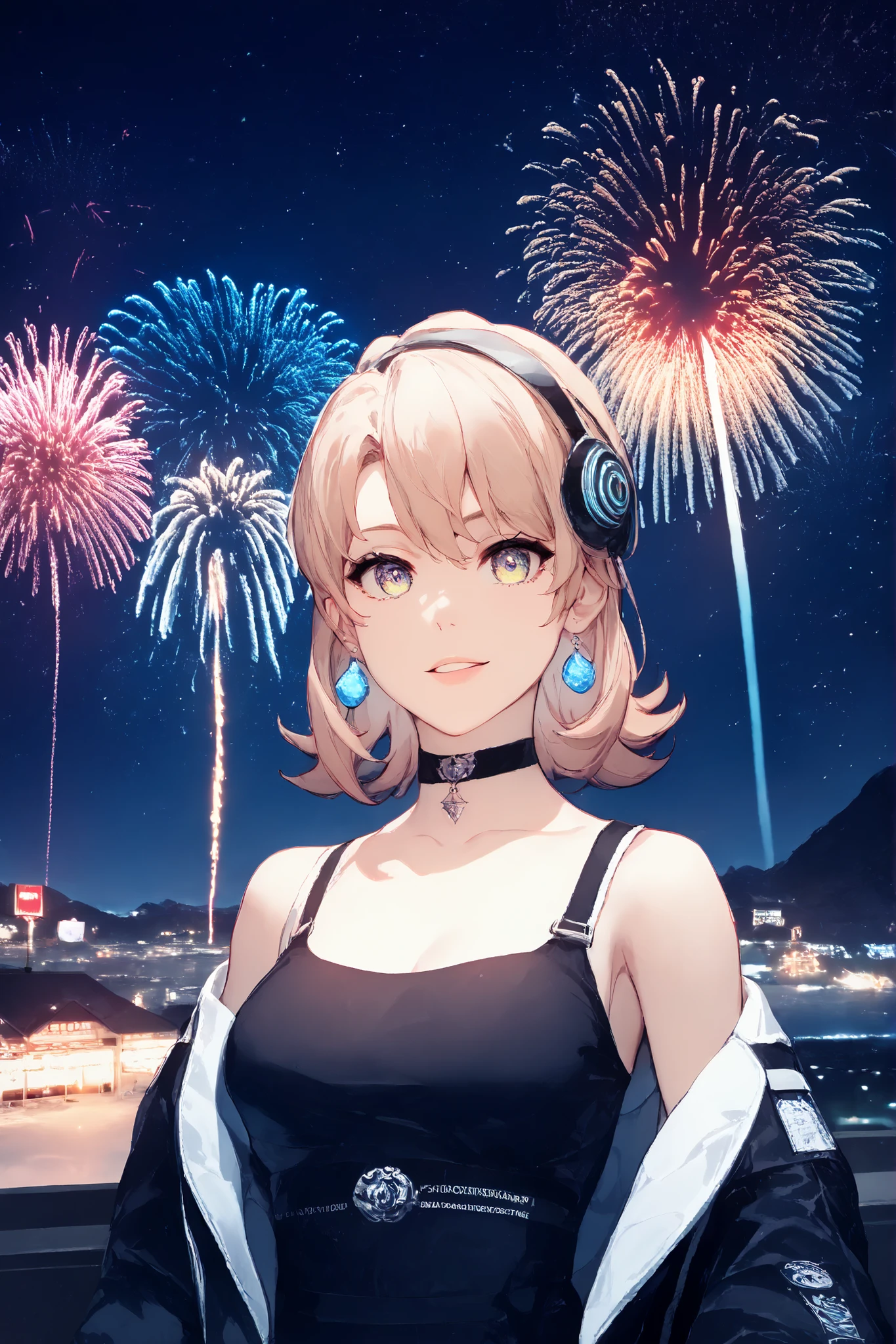 blacklight,iroha isshiki,score_9,score_8_up,score_7_up,Source_anime,Highest Quality,watching fireworks from the roof of the building,Beautiful detail,4K,super definition,Photographer style,digital art,Explosive Colours ,Gorgeous,Bokeh