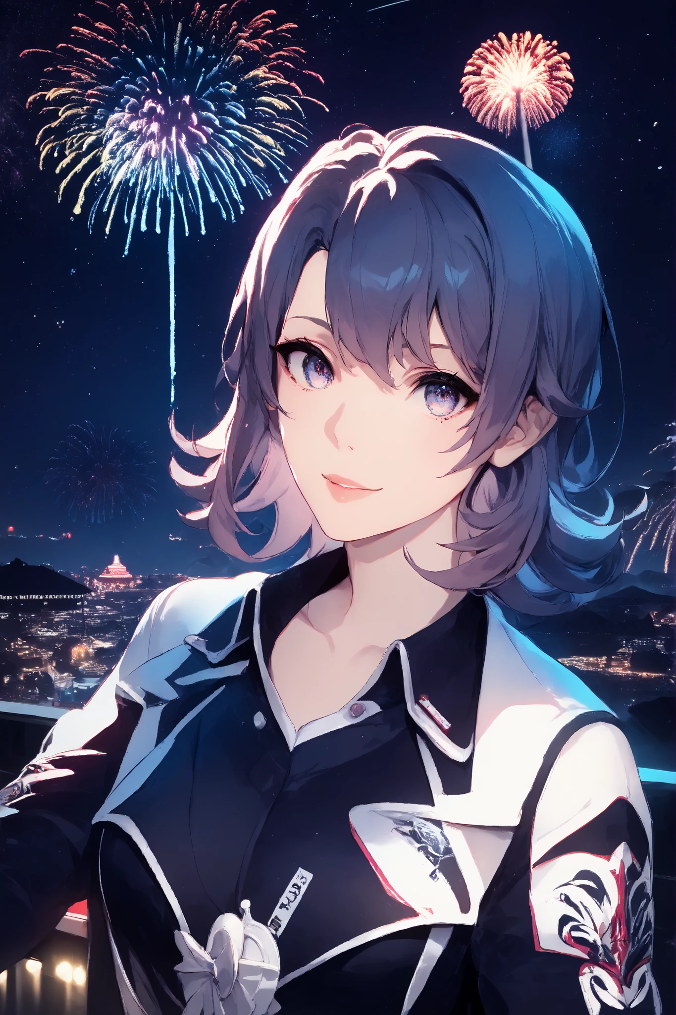 blacklight,iroha isshiki,score_9,score_8_up,score_7_up,Source_anime,Highest Quality,watching fireworks from the roof of the building,Beautiful detail,4K,super definition,Photographer style,digital art,Explosive Colours ,Gorgeous,Bokeh