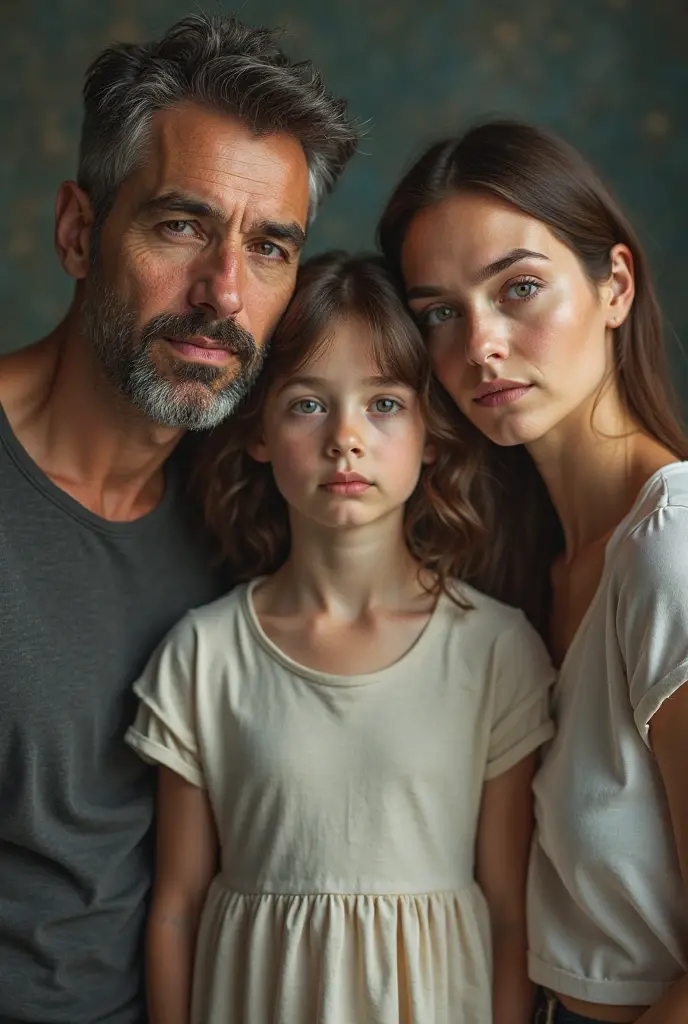 Photo of a happy family, bald mother, smoking father, teenage daughter, unsmiling adult son