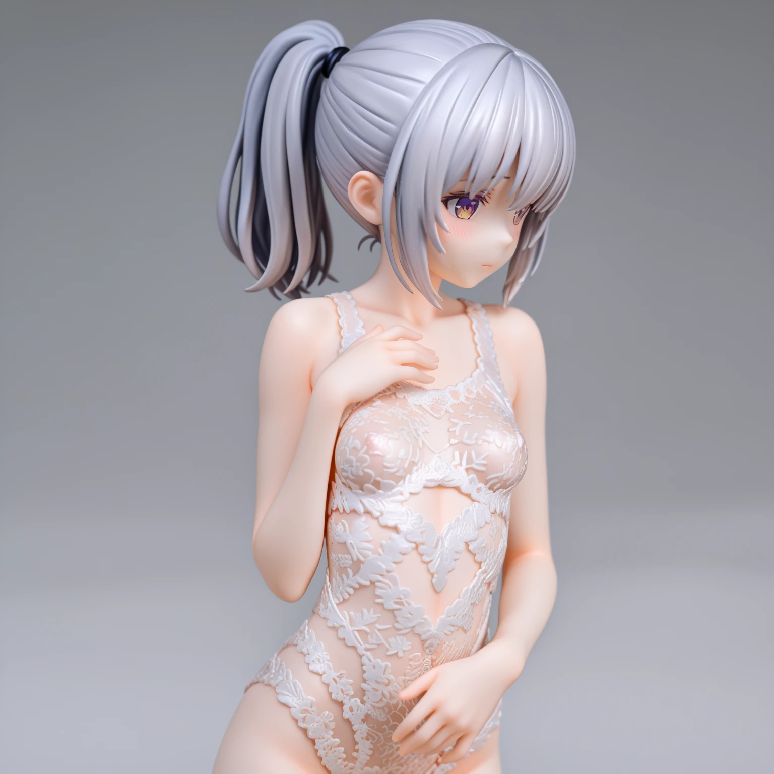 Mina、((Little Girl、Sparkling Eyes、Cat ear：2.0、Silver Bob Hair：2.5))、(masterpiece, highest quality), Intricate details, 8k, Art Station, wallpaper, Sharp focus, ca3,1 girl, Silk bodysuit, Large pelvis, Dynamic Angle, (From below:1.3), (from the front), Spread your legs, squat, running shoes, Clothes are see-through,,repair,cute,whole body,