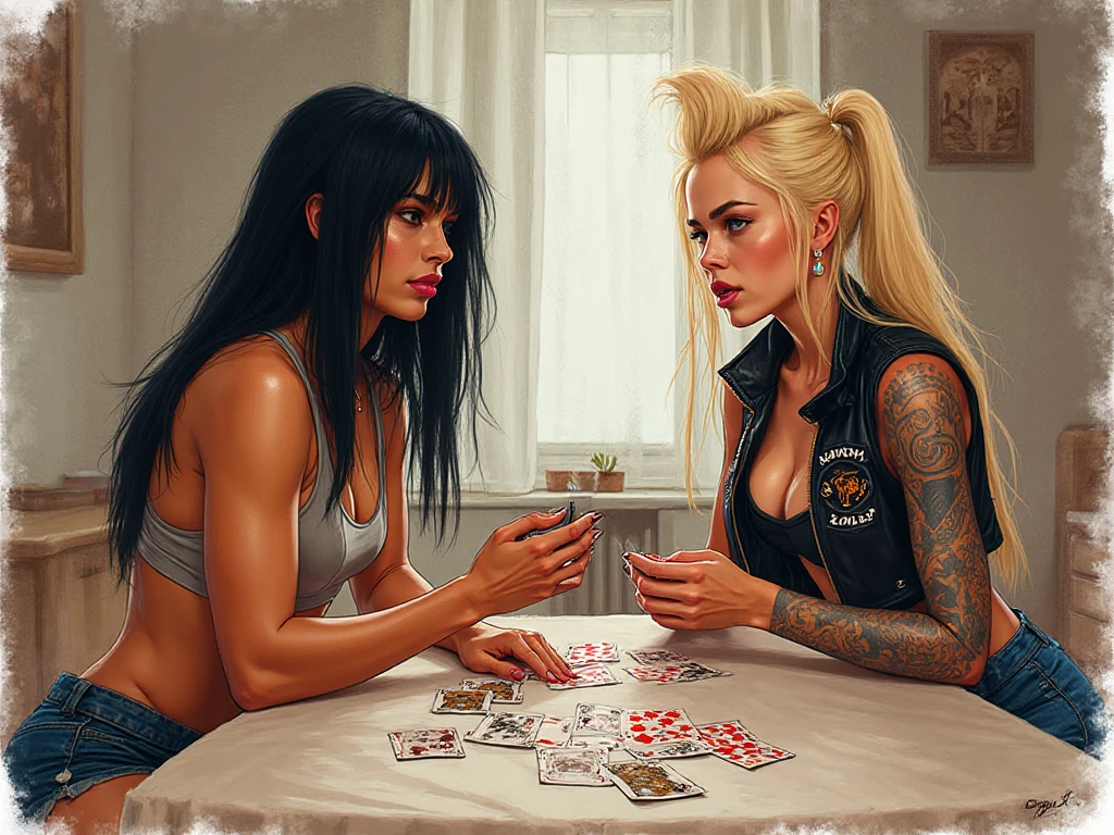 Beautiful young woman playing poker with a demon at a table smoking and drinking somewhat worried, quality black and white comic style, dark scene in the background