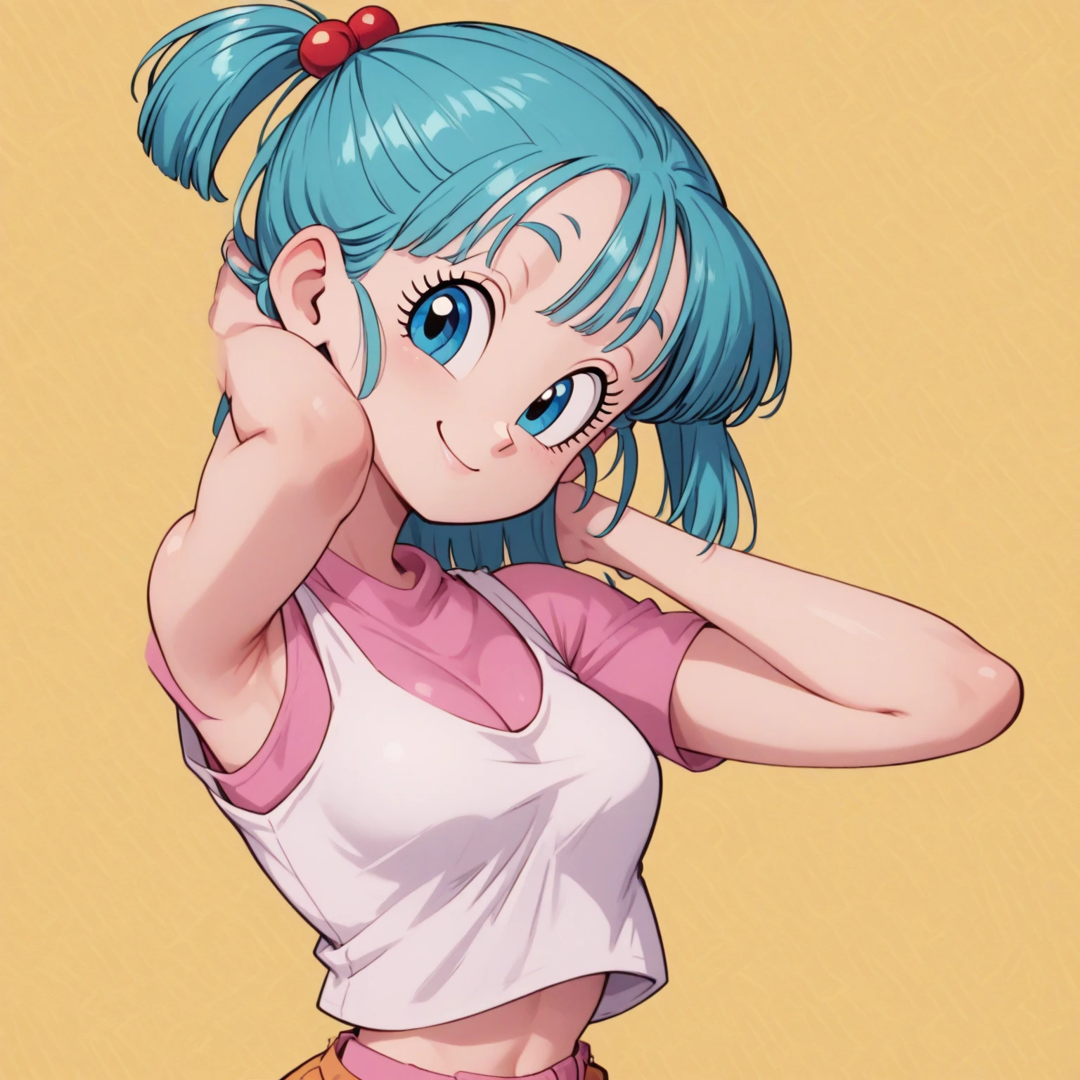 fountain_cheered up, score_9,score_8_above, score_7_above,  gineDb, cheered up screencap, 
Masterpiece, Best Quality, high quality, 1 girl, Alone, old, looking at the viewer, SMILE, short hair, simple background, black fur, neckline,  shoulders, medium old, Closed mouth, aboveper body, retro artStyle, 1990s \(Style\), Gray background, black eyes, nails, hands above,  arms, eyelashes, half closed eyes, happy, own hands together, spiky hair, pink bracelet, intertwined fingers, headrest, elbow rest, saiyajin armadura, green saiyajin armadura, Eyebrows, v-shaped Eyebrows,  body, tight  