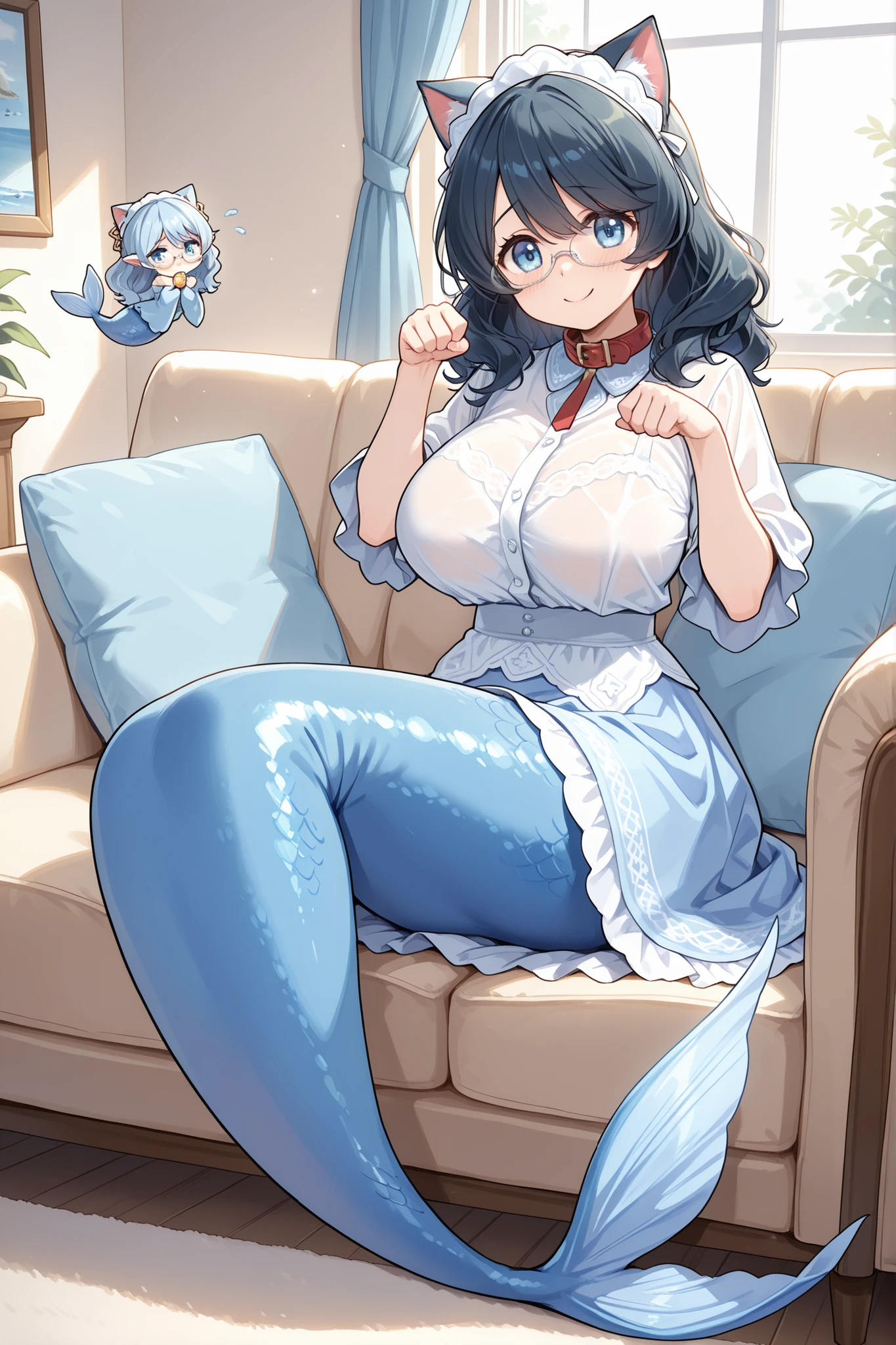 1 female,big boobs,Misolfachord Eliteia, White glasses,Paw pose,cat underwear ,cat ear headdress ,red collar,light blue skirt,long hair, full body photo of the grade,masterpiece,best quality,very beautiful,Ridiculous,cute,( full five fingers ),Mermaid,Light blue fish tail ,The lower part of the body is a light blue fish tail,There is water stain on the fish tail,shy,Smile,living room,window,sitting on the couch