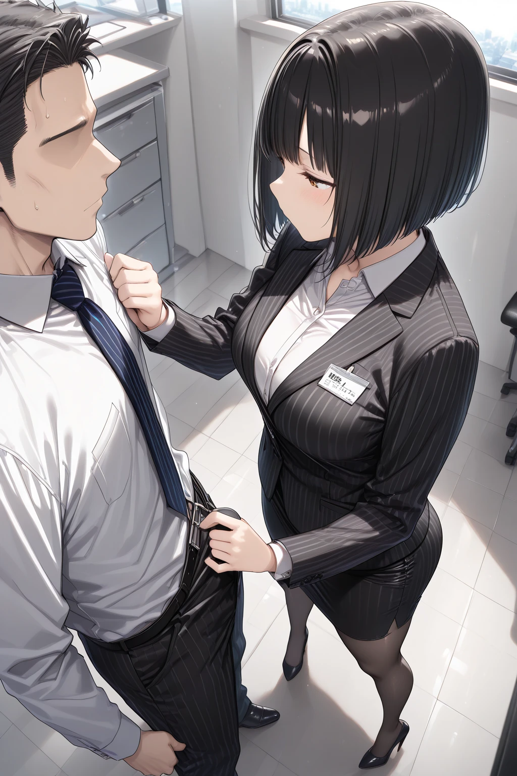 score_9, score_8_up, score_7_up, score_6_up, score_5_up, score_4_up,
aamia, black jacket, white lapel, suit jacket, skirt suit, necktie, white dress shirt, belt, waistcoat, three-piece suit, open jacket, kneeling, blowjob, sucking penis, fellatio, oral sex, sloppy blowjob, deepthroat, office, saliva, blindfold