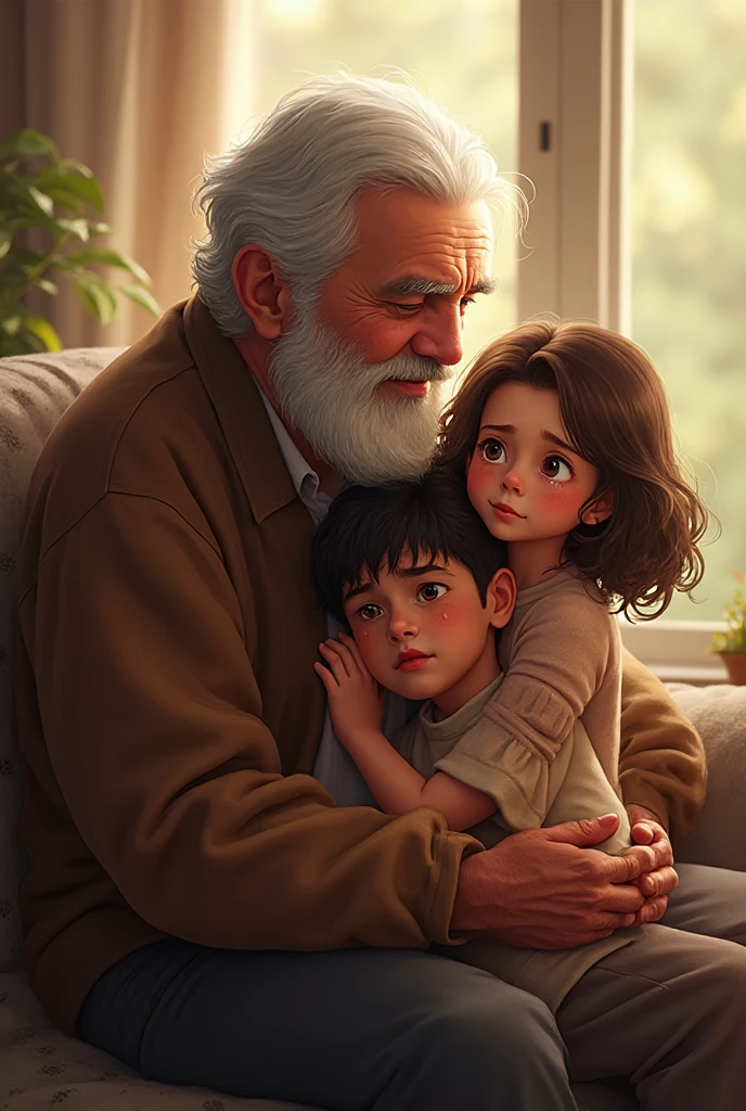 Generator a image of a man who sit on stretch covered by blanket and a long hair boy from right side and a woman from left side huge him, make a realistic picture