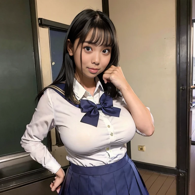 (8K, HDR, High resolution), ((((Full body photo,Raw photo, Hyperrealism, masterpiece, highest quality, ultra High resolution)))), (Pin Light, Backlight,Cinematic Light), ((Japanese uniform outfit,Sailor suit,Navy blue mini skirt,Japanese ,on the train,Sitting in a chair,Camel Toe,Panties digging into pussy)), (Hyper Detail, finely), 1 Korean Idol, (((Shooting from below,White panties are visible through the gap in the skirt,Panty peek angle:1.3))),A provocative smile,Archaic Smile,Beautiful Goddess,Small, plump lips, Straight and cute nose, A little redness on the cheekbones,Long and beautiful eyelashes, Narrow waist,Perfect Style,Very heavy chest,Huge breasts