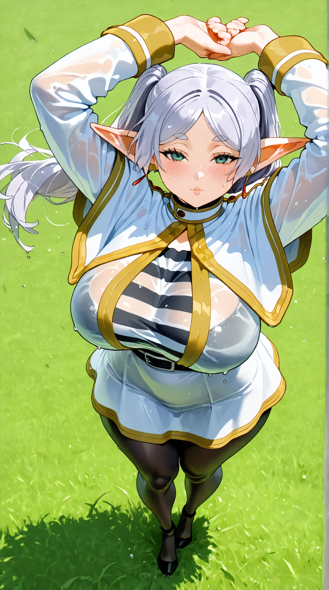 shirogane noel,1girl,solo,shirogane noel costumes,super huge breasts,looking at viewer,near,worried-looking,Bending forward posture,Taken from the front,in the forest