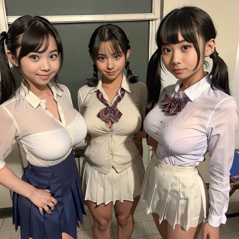 Best Quality, masutepiece, 超A high resolution, (Photorealistic:1.4), Raw photo,
Ultra realistic beautiful Japan schoolgirl,18 years old, Standing, Looking at Viewer, Smile,
(Big breasts:1.9),Open your clothes, (School uniform:1.4), in class room　Exposed nipples　poneyTail　NSFW　thighs thighs thighs thighs　One　Enraptured look　pissing　Exposed