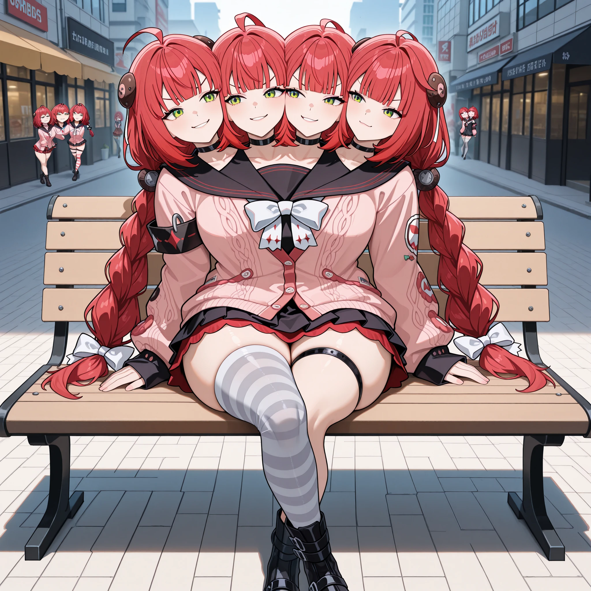 masterpiece, best quality, absurdres, conjoined, 5girls, 5 heads, multiple girls, solo, cheek-to-cheek, rating_safe, four arms, BREAK red hair, ahoge, blunt bangs, low twin braids, hairpods, hair bow, white bow, green eyes, pink cardigan, black sailor collar, white bowtie, puffy long sleeves, sleeves past wrists, black armband, layered skirt, black skirt, pleated skirt, miniskirt, red skirt, thigh strap, striped thighhighs, white thighhighs, grey thighhighs, single thighhigh, black choker, black boots BREAK sitting on bench, look around, look left, smug, smirking, evil smile, Shopping Street, morning, (muscular), (thick thighs), (legs crossed)