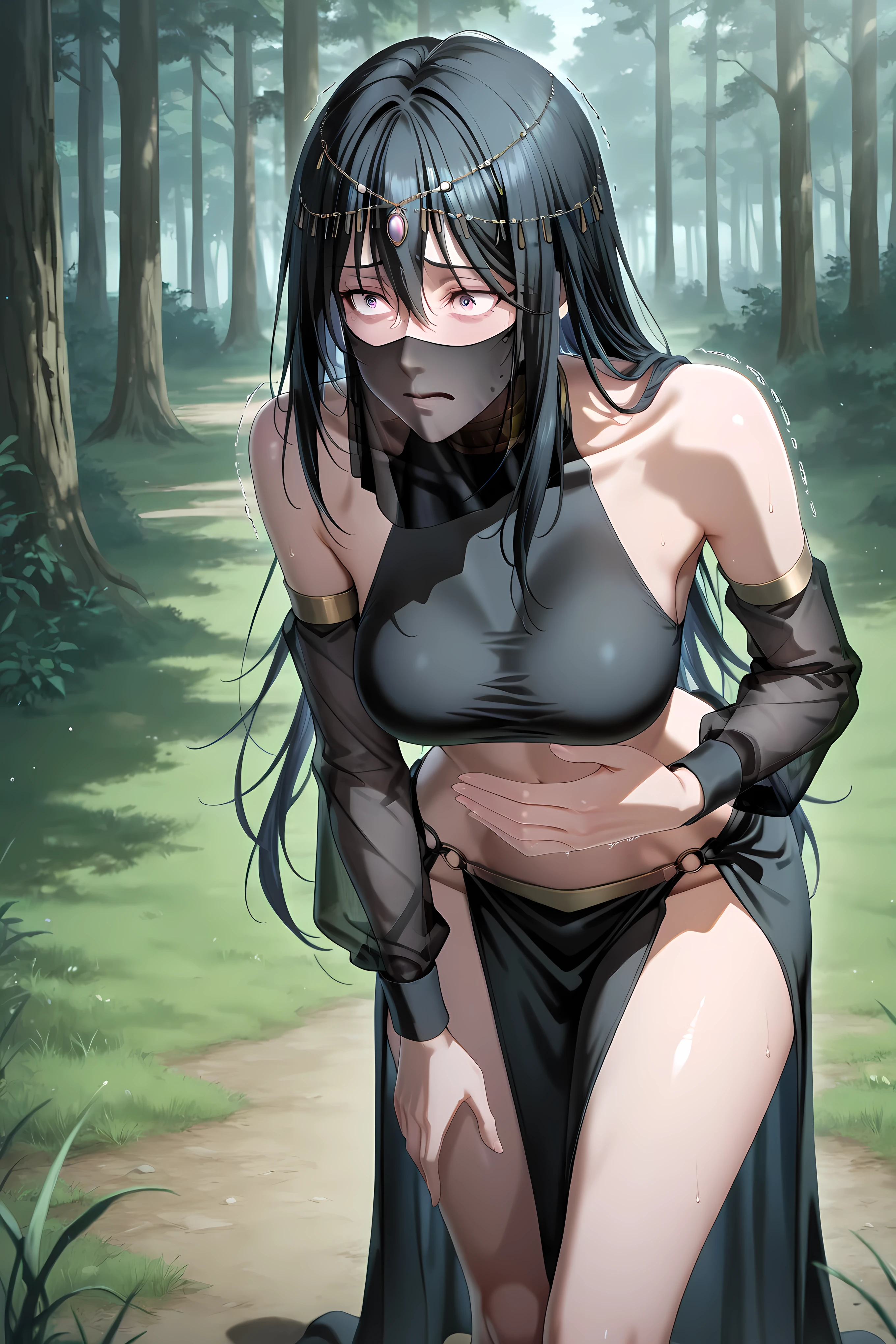 long hair, black hair, purple eyes, hair between eyes,veil, mouth veil, circlet, arabian clothes, gold choker, turtleneck, covered collarbone, bare shoulders, black crop top, detached sleeves, see-through sleeves, midriff, navel, o-ring, waist cape, pelvic curtain,

Solo, general, masterpiece, highres, ultra-detailed, hyper-detailed, best quality,  amazing quality, very aesthetic, best hands, best eyes, best hand
adult woman, 1woman, hand on own stomach, sweat,  leaning forward, nervous, scared, trembling legs,open field, grass field, forest background, sunny sky