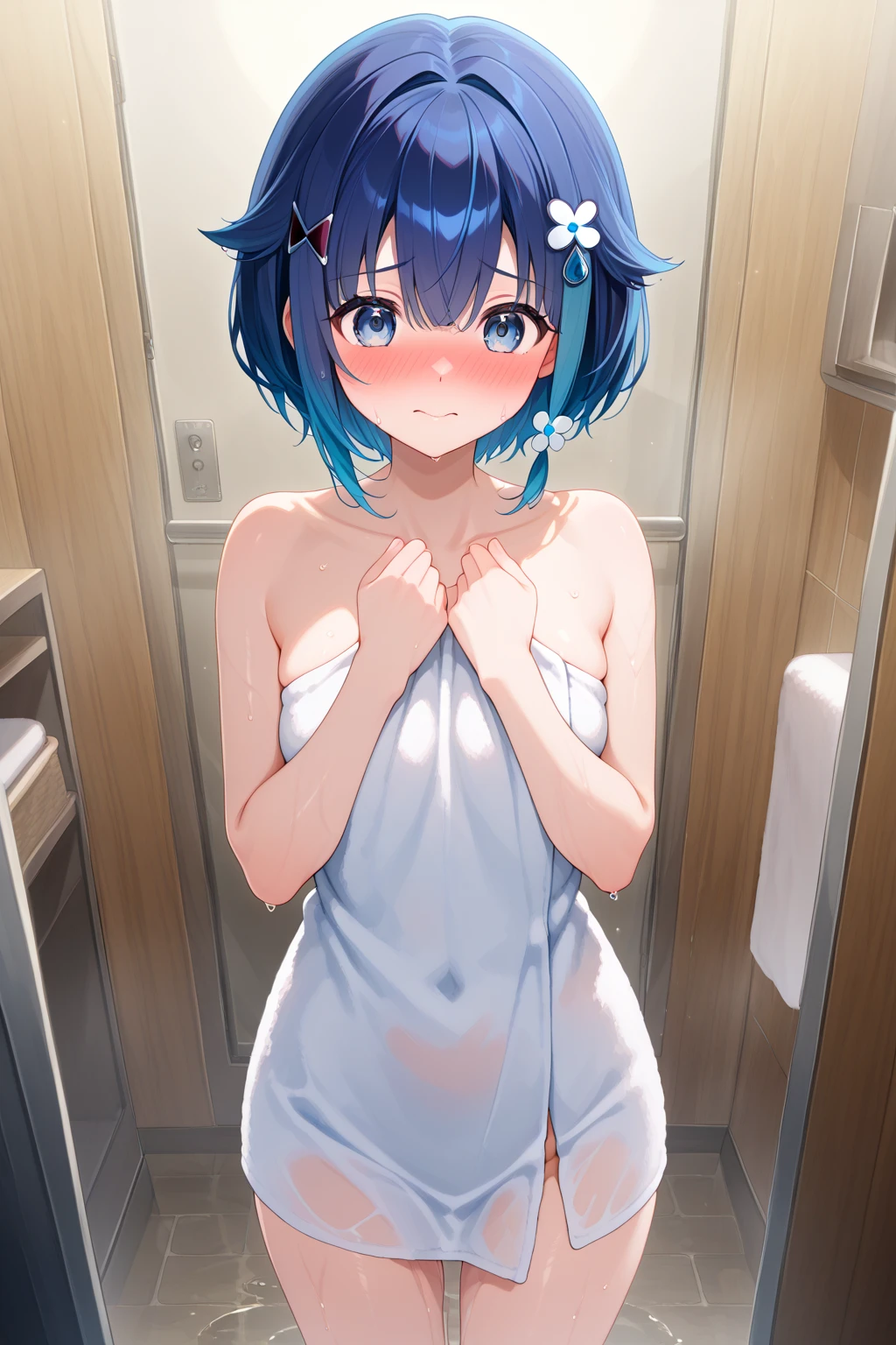 One Naked Girl、Walking around town、only one naked,Light blue hair、blue eyes、Standard Bust Size、Expressionless and dead eyes、Feeling embarrassed、Desperate look、Nipples、Wearing green panties、Pour condensed milk all over your body、condensed milk on the face、Condensed milk on your hair