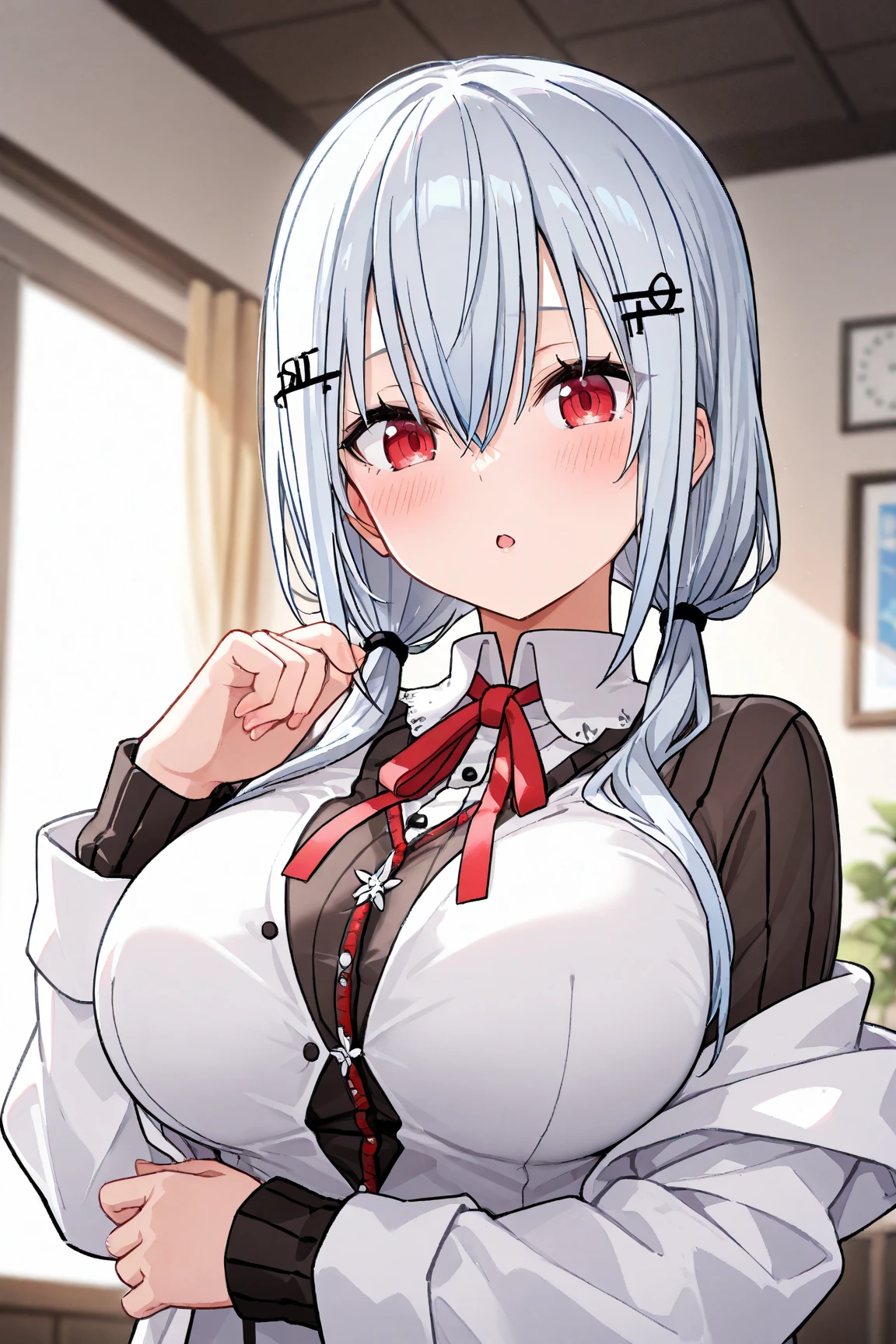 score_9, score_8_superior, score_7_superior, sauce_anime, evaluation_Safety, BREAK hakase fuyuki, One girl, Virtual YouTuber, Red eyes, Gray Hair, Long hair short hair, Low twin tails, Side Lock, Hair Clip, Neck ribbon, Red ribbon, Black sweater, Collared shirt, Open jacket, White jacket, flower, Tea belt, Long sleeve, Sleeves are longer than the wrist, White gloves, Pleated skirt, Black Skirt, Black Pantyhose, Lying in bed,Dutch Angle, Particles of light, light, Research Room, window, window shade,masterpiece, Highest quality, High resolution, huge breasts,Titty fuck,Hakase Fuyuki,Virtual YouTuber,Vtuber,nsfw,bare breasts,penis,paizuri,breast squeeze,Hakase Fuyuyuki,1boy,Crying face,blush,blush,Big Tits,Whimpering,男性がsuperior,Horse riding,Lying on your back
