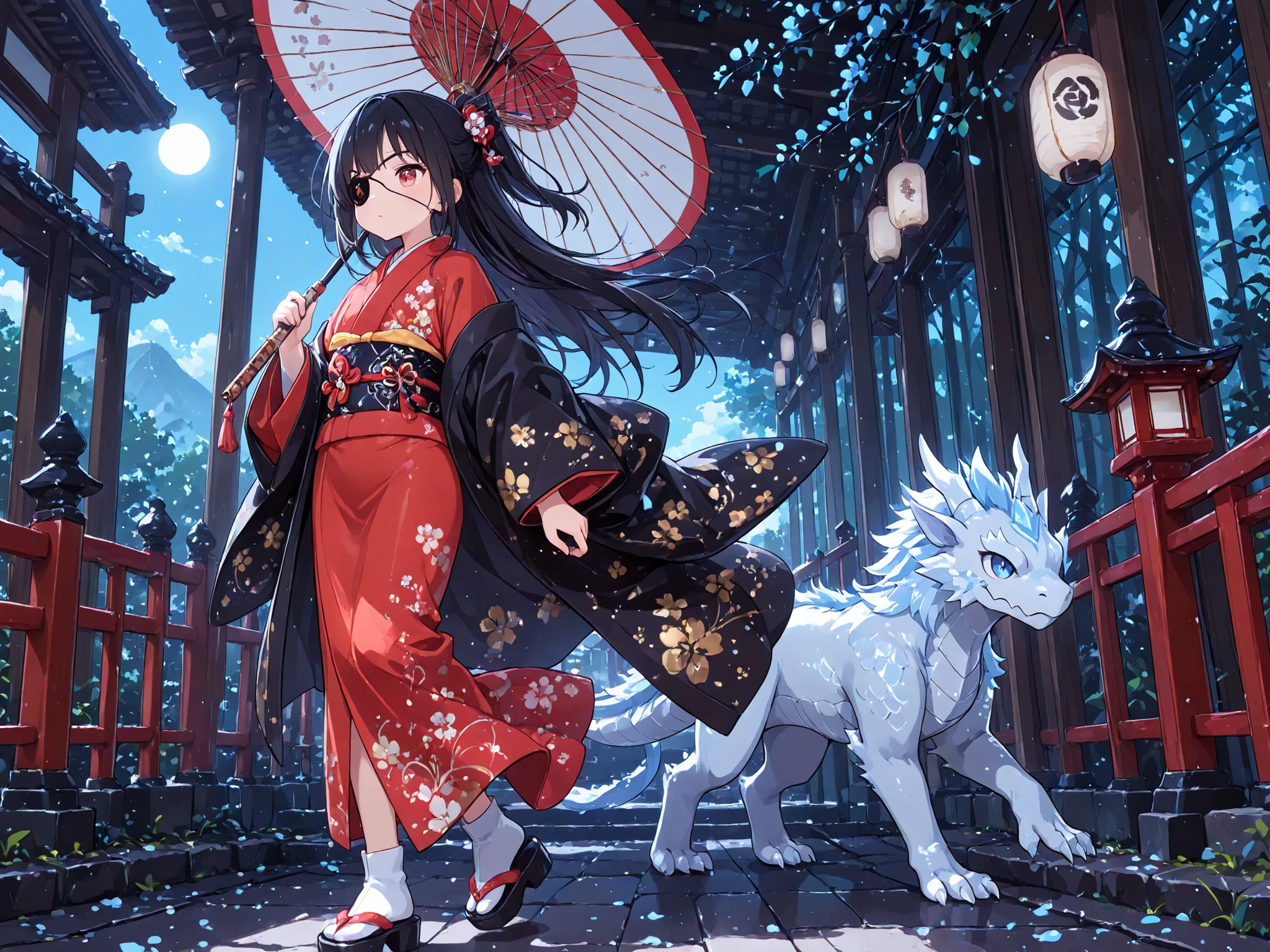 masterpiece, Highest Quality, super detailed, high resolution, 8k, intricate details, full body, sharp focus. 
Red Kimono（Kimono）The girl who wears, Haori,Eye patch,Walking with an umbrella, Beautiful Blue Skies, Big western-style dragon