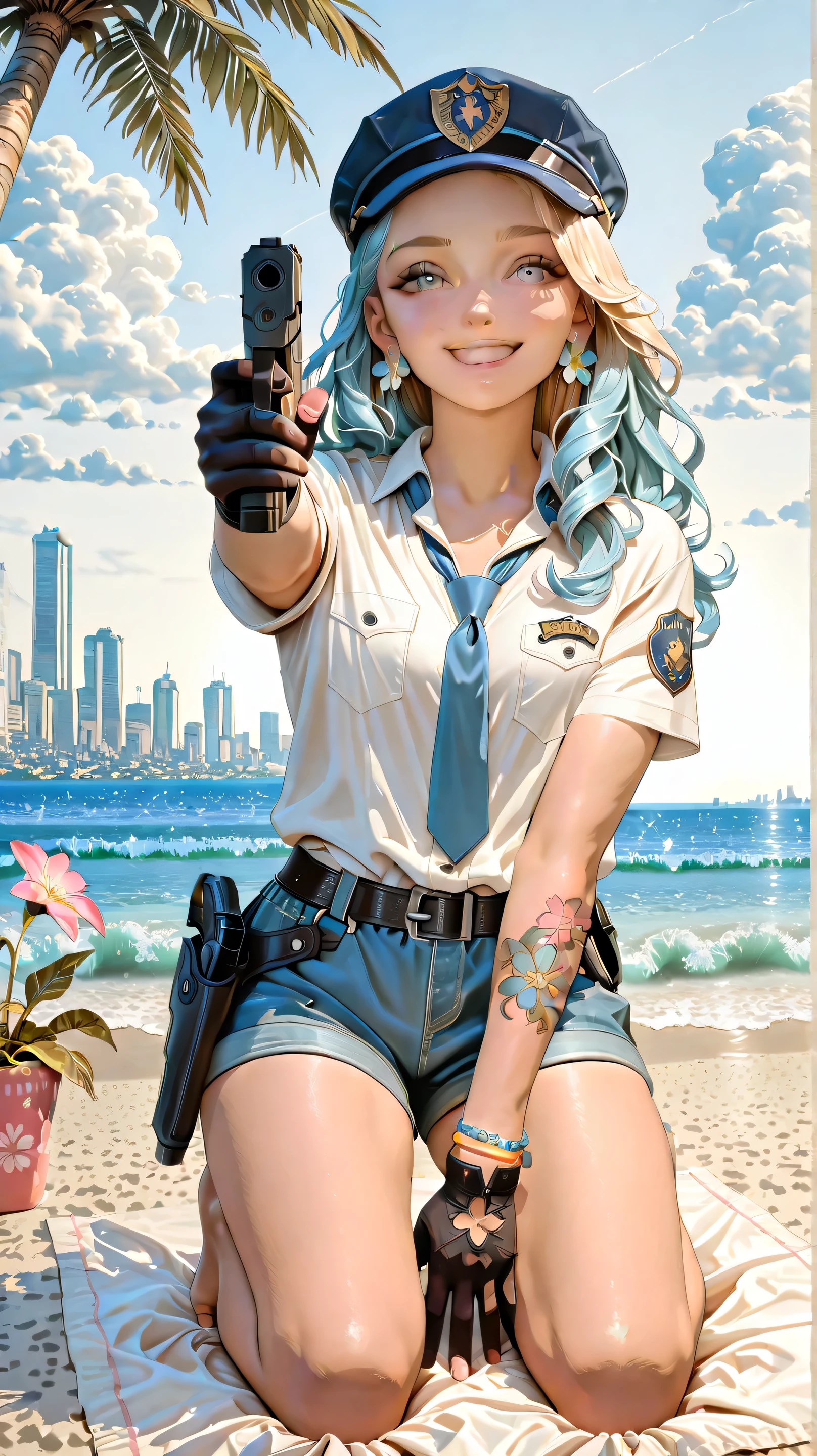 A beautiful young woman with long, curly blonde hair and large, light blue eyes. She is smiling sweetly at the viewer while kneeling on a sandy beach. She is wearing a tied-up white t-shirt with a pink floral pattern over a black top, and light denim shorts. She has flower-shaped earrings and bracelets. The background shows a clear blue sky with white clouds, palm trees, and the ocean. The style is a vibrant, highly detailed digital painting with a bright, sunny atmosphere.
A confident young woman with long, flowing light blue hair and large, light blue eyes. She is wearing an open-front white button-down shirt with a blue tie, a short blue pleated skirt, and a matching police cap. She has black gloves and a black utility belt with holsters. She is holding a black handgun in her right hand and has a detailed tattoo on her left arm. She is standing in a futuristic cityscape with lush greenery and towering buildings in the distance. The style is a highly-detailed, dynamic anime-style digital painting.