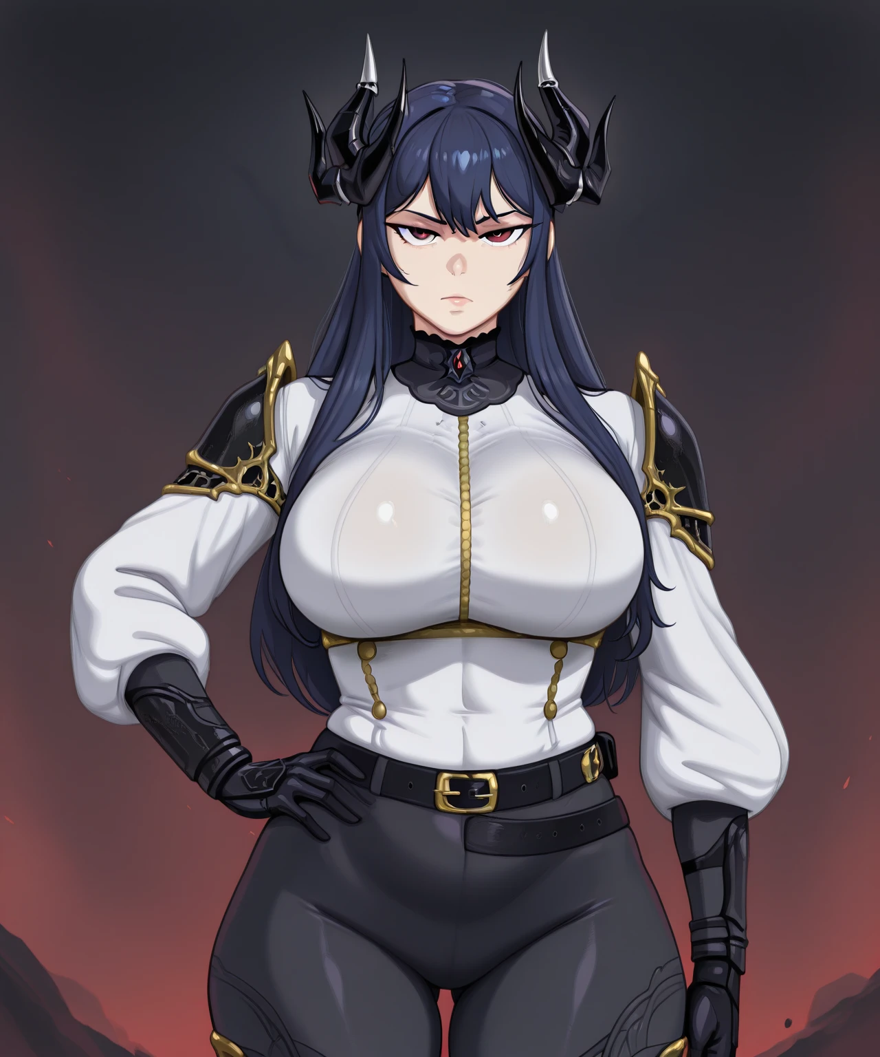 (high quality:1.1), intricate details, cinematic lighting, sharp focus,
Annerose, 1girl, solo, standing, cowboy shot,
looking at viewer, determined,
very long hair, hair intakes, black hair, pointy ears, yellow eyes, lip gloss,
(bodysuit:1.05), shiny clothes,
large breasts, (covered nipples:1.1), sideboob, beautiful scenery background, character in center, anime screenshot