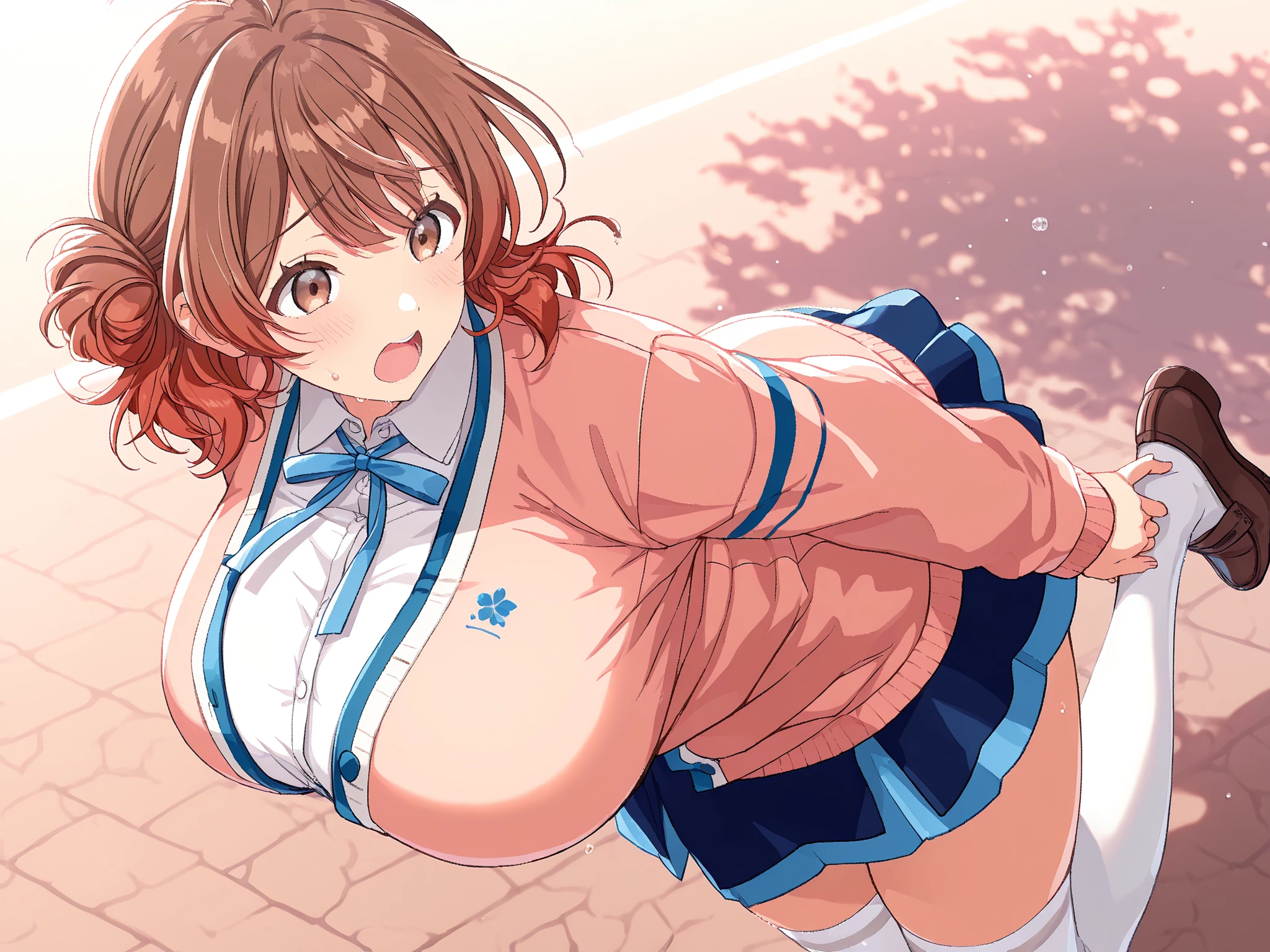 masterpiece, best quality, highres, aamazaki, (antenna hair:1.2), medium breasts, blue bowtie, pink jacket, blazer, long sleeves, blue skirt, pleated skirt, outdoors, cowboy shot, sitting, smile, waving, cleavage,blush,nipples, big tits,show tits,((show nipples:1.5)),((show tits:1.5)), perfect tits,detailed tits