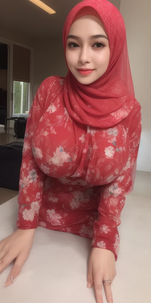 1 malay girl , (modern plain cream hijab) , smile, medium portrait shot , watery eyes , wear sweater ,((black lingerie )), white modern hotel bedroom background, bright front light, breast grab pose, ((big tits:1.5)) , ((excessive cum:1.2)), , (((sexy pose milf))) , detailed nipple