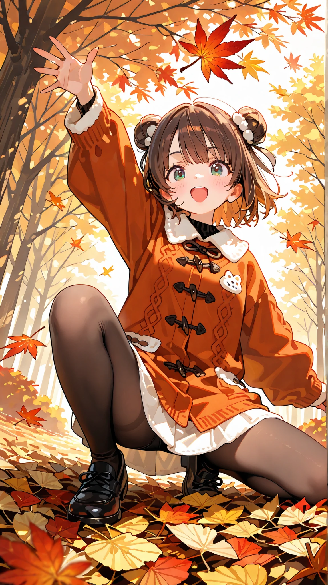 girl, autumn, jumps into a pile of leaves, dynamic pose, close, leaves fly apart, she has warm autumn clothes, autumn vibe