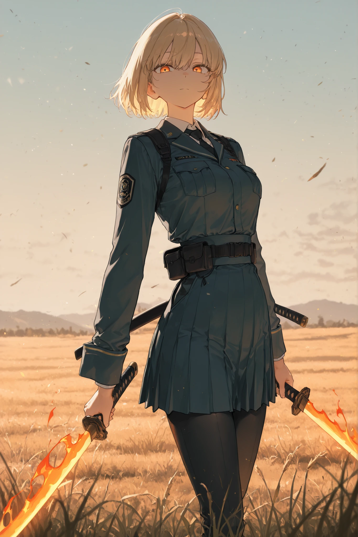 hdsrmr,OutisLimbus,(looking at viewer, medium shot:1.22), (medium shot, three quarter shot:1.3), (1girl:0.95), solo, masterpiece, best quality, amazing quality, very aesthetic, high resolution, ultra-detailed, (soft shading, soft shadows, volumetric light:1.14), short hair, blonde hair, ronin, assassin, grassland, uniform, burning sword, tanto, dual wielding, heishou