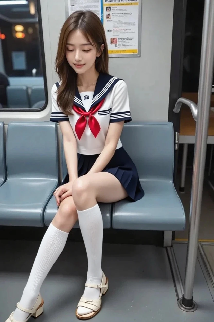 top-quality,ultra - detailed,tmasterpiece,hentail realism,photoreali,Bright lighting,1 girl in, an extremely beautiful 17-year-old girl, (kawaii:1.2),thin smile, (Brown eyes),(A brown-haired),(By bangs),perfect glossy shiny skins,Flawless skin,((erotick,Sexy and sexually explicit)),((Precise pointers,There is no incongruity)), Large full breasts,Big breasts Thin waist, looki at viewer,((a sailor suit)),((Short sleeve uniform white shirt)),(red necktie),(Blue mini pleated skirt),(((skirt lift by yourself))),(lifted by self),(((Show obscene parts))),I don't wear panties.,Dirty focus,((Sit up,spread their legs)), sockes, (Black Knee Socks),(Loafer shoes), In the daytime,On the train,Horizontal bench seat with your back to the window
