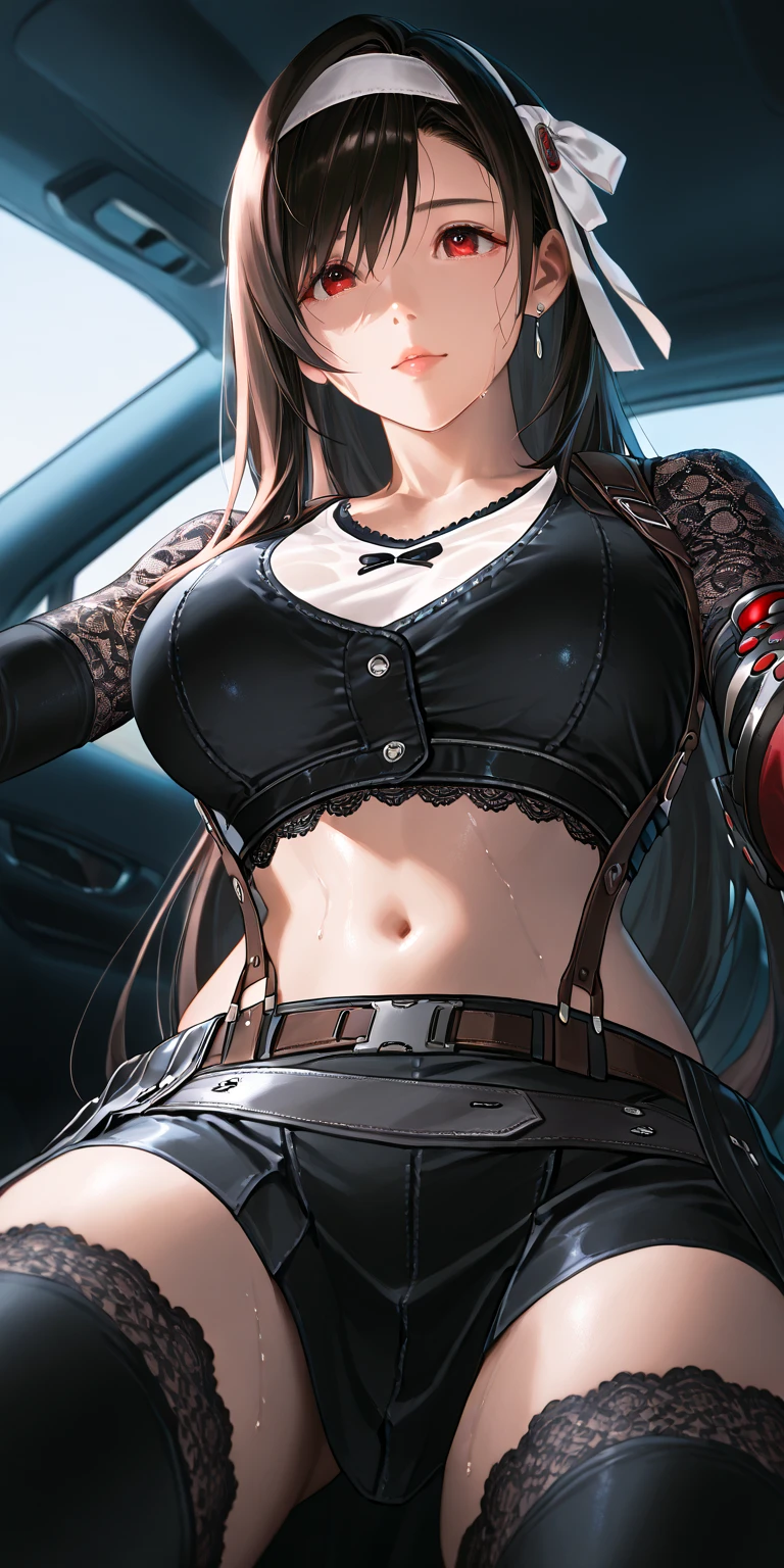 tmasterpiece， High- sharpness， high high quality， 详细的脸， detailed body render， 1girll， 独奏， hyuga hyuga， Hinata sleeveless clothing，big cleavage breasts，Close-up， sleeveless shirts， Fishing net clothing， Dark lips， Unzipped jacket， Close-up shot，standing on your feet， Be red in the face， （on bedroom）