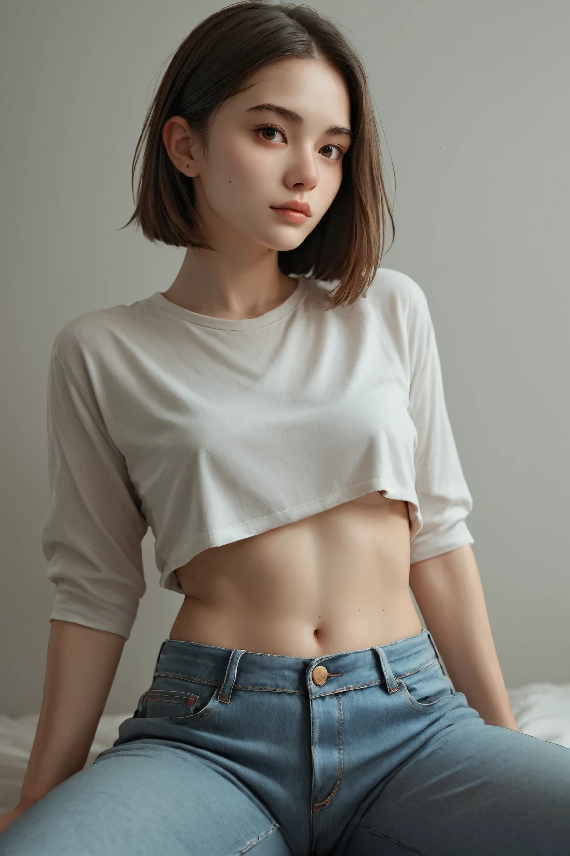A little daughter wear crop top standing up