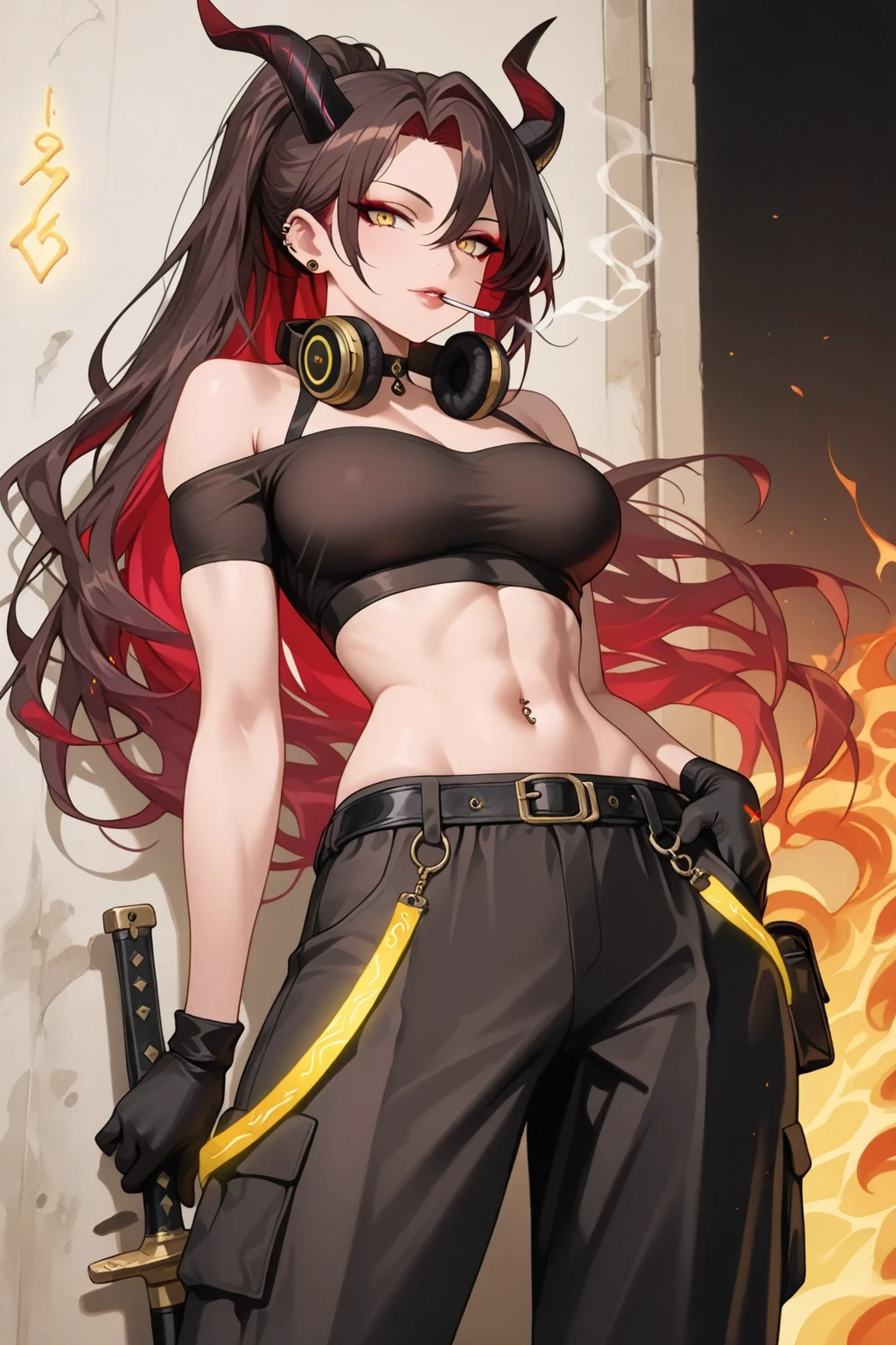 ((masterpiece,best quality,8k,highres)),((character concept art)), 1 female, adult, middle-age woman, demon, devil, fighter, 192cm height, long hair, flat bangs(red hair colour), ultra finely detailed eyes, red eyes colour(bright), extraordinary gorgeous, playful, smirk smile, shapely breasts, hourglass body shape ((muscular))(sexy), ((intricate detail)), super finely detailed hands, ultra finely detailed fingers(((ten fingers))), (full set sleeveless sport outfit),(black mix gold colour outfit)(stylish)(sleeveless), (black sport short pants), black high heels, gold necklace, gold bracelet, gold earrings, a lot tattoo, tattoo on arms, tattoo on legs, (standing still), (full body showcase), (show full body), (no logos on background), (no logo), ((plain background)), (((empty hands))), ((plain background)), (((empty background)))