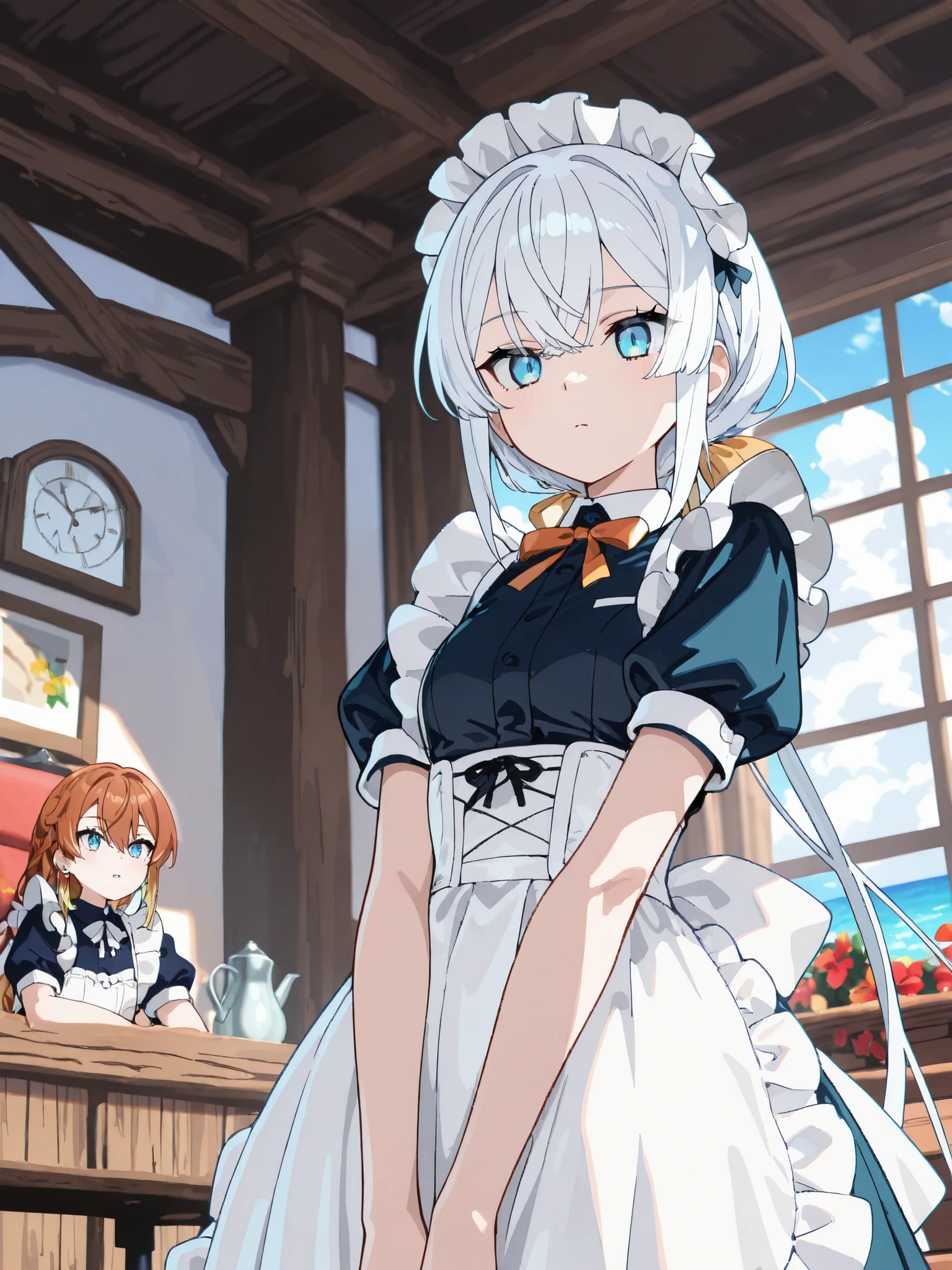 (masterpiece, Highest quality:1.2), One Girl, alone　(((White Hair　Short Hair　blue eyes)))　((Noble clothes　Drinking tea))　(smile)