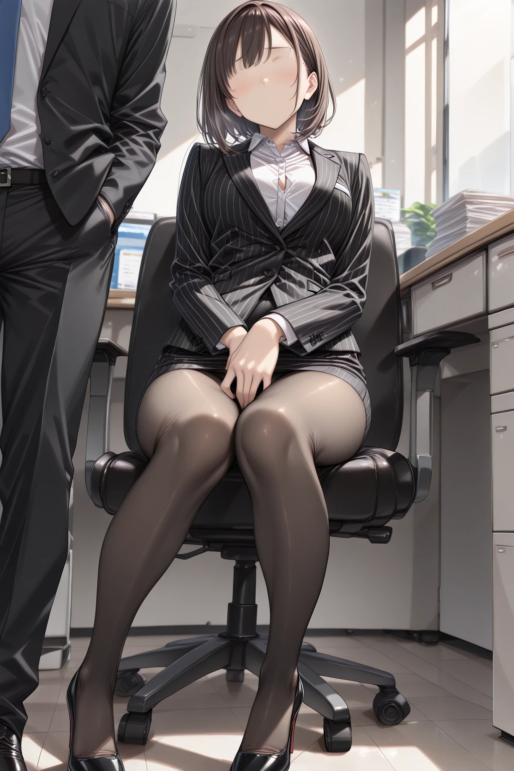 1girl, looking at viewer, (eye contact), beautiful face,  <lora:makimaChainsawMan_offset:1.4>, makima \(chainsaw man\), red hair, chainsaw man, small breasts, ringed eyes, white shirt, (office), [office room, office ambient, office desk, office cabinet], sidelight, indoor light, (realistic:1.2) <lora:LargerInsertion_v10:1> 0.75>,((large insertion, thick penis)), full body, spread legs