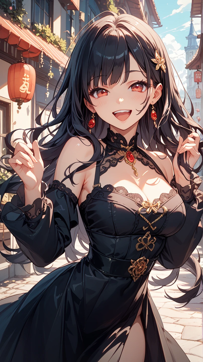 (((masterpiece))), (((best quality))), a pet dragon, resting on girl's head, (breathing fire:0.9), black collar, red complex pattern cut-out warrior costume, sleeves, solo, 1girl, ribbon, longhair, cleavage, big tits, sweat, shy, blush, red brick street, <lora:girllikepetdragon:1>,