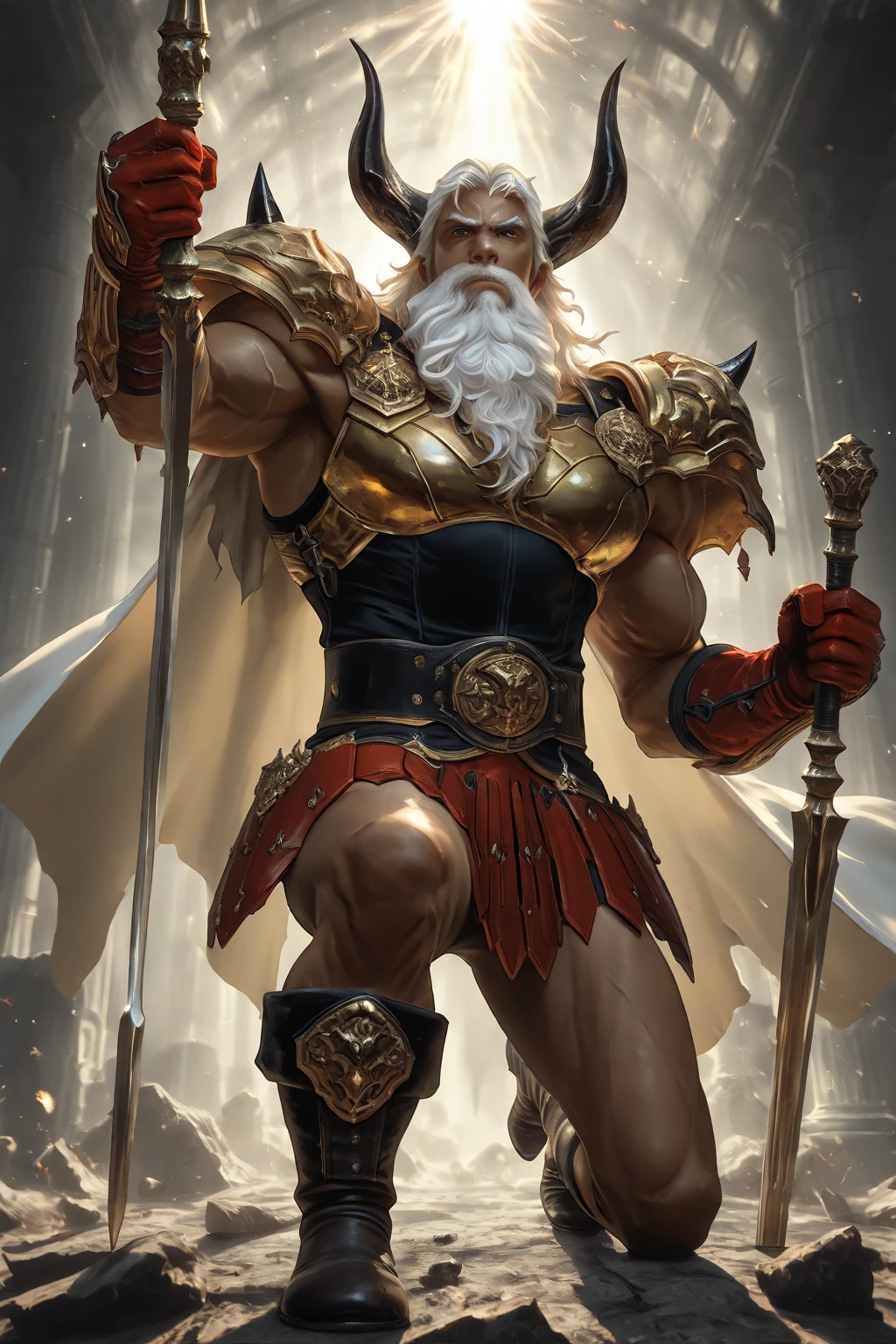 Aries anthropomorphic，Sheep's head man，Stunning graphics，Tarot card style，CG diagram，He wears medieval style armor，Carrying a long sword around his waist，Strong arm muscles，The painting style is fine，Set against the backdrop of the Alps，soft moonlit glow，Behind the head shines a holy brilliance，Realistic Style，