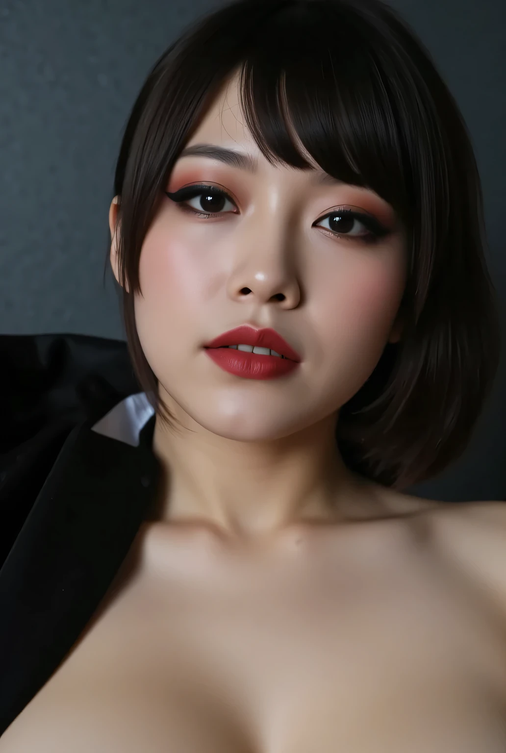 (Face focus:1.5), (close-up:1.5). Dark wall.
Super beautiful Japanese woman, looks like a intimidating dominatrix, closed mouth, condescending gaze, staring at the viewer, makeup, eyeshadows, upturned long eyeliner, long false eyelashes, light red lips.
An asymmetrical medium hairstyle with one side swept back.
Best quality, masterpiece.