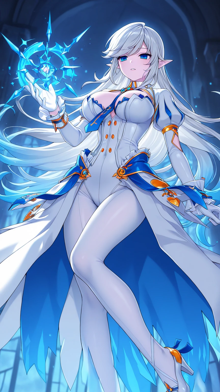 Silent magician, ropa apretada, poca piel visible, (( ruborizada, sonrisa, oiled skin)), pelo largo, cabello blanco, (( white hair)), sombrero blanco, Skinny body, chubby girl, big sagging breast , monstruo de duelo, Iparuputsua, de pie en la entrada de un castillo, magic world background, mundo medieval .
