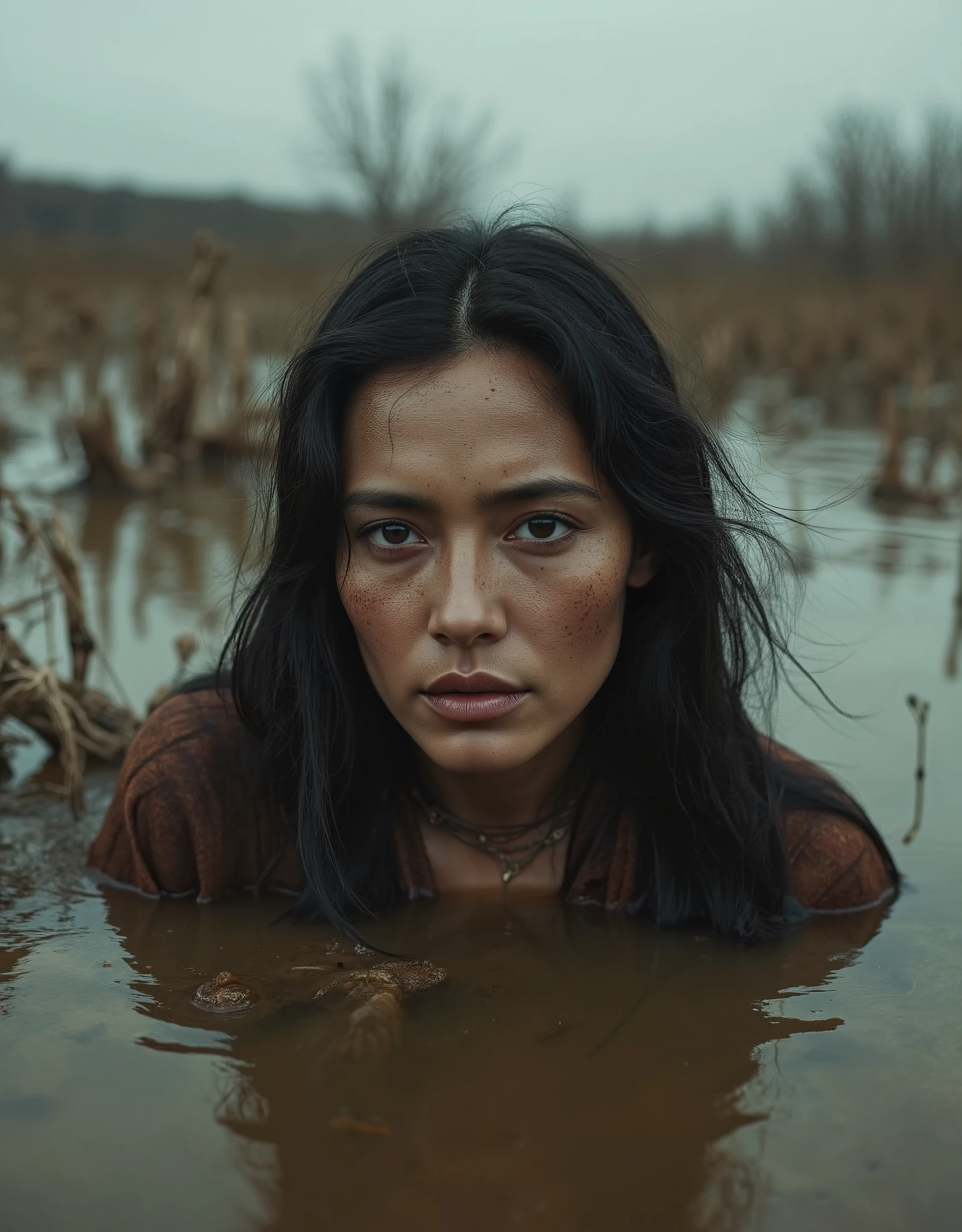 cheyenne woman stuck in mud bog, detailed facial features, melancholic expression, trapped, sinking, 4k, ultra-detailed, realistic, photorealistic, studio lighting, extreme fine detail, professional, vivid colors, dramatic lighting, moody atmosphere, bleak landscape, desolate swamp, gnarled trees, overcast sky, earth tones, muted colors