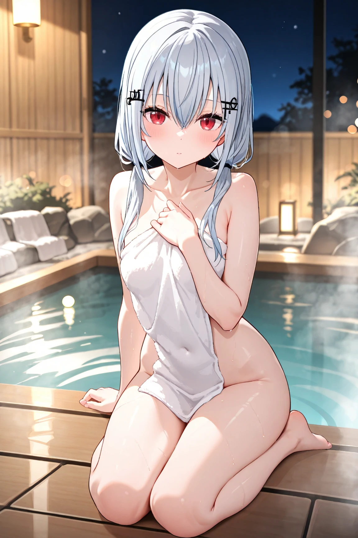She has long silver hair tied in a towel.　　Hand lifts right ankle　Forehead visible　Open-air bath on moonlit night　Tecateca、、Kojiri、slim figure、slenderness、slender、Petite bust、Slim Girl Model、Beautuful Women、backs、Slender eyes、Brunette spreading in bathtub　Long hair on silver hair　low angles、zoomed out、Upper body naked、 、perspired、red blush、buttock、Bite、Spread your legs apart
