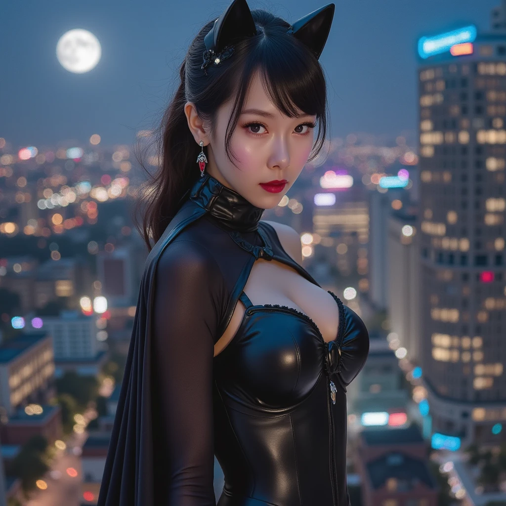 Catwoman in black thong, tight skin, split, Gudem city rooftops, moon in background, 32k, best quality, 3D, perfect, Beautiful and delicate face, Beautiful and delicate eyes ,(actual, Photographic Realism:1) north african free trade area, 32k, north african free trade area, best quality, , green eyeull-body shot)))),looking into cameraperfect脸,Perfect body,at night,plump figure,Smiling,looking at you,looking into camera