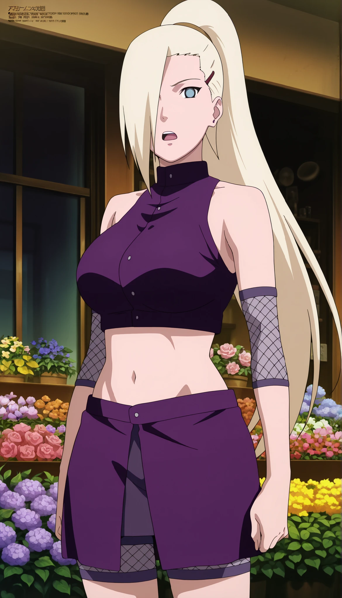 masterpiece, best quality, amazing quality, front light, anime screencap, 1girl, solo, InoShipuuden, blonde hair, high ponytail, hair over one eye, midriff, fishnets, crop top, big breasts, blue eyes, At the flower shop, purple skirt,cover nipple, open mouth,short pants mesh, standing, masterpiece,best quality,amazing quality,professional quality ,very aesthetic ,newest,scenery, ultra detailed ,highly detailed ,intricate , absurdres , high resolution , 4K , 8K , unity 8k wallpaper , crisp quality , sharp focus , rich contrast , rating_explicit , official art, official style,source_anime,anime screencap,anime coloring,megami magazine,anime,animated ,1girl,yamanaka ino ,look at viewer,straight angle
