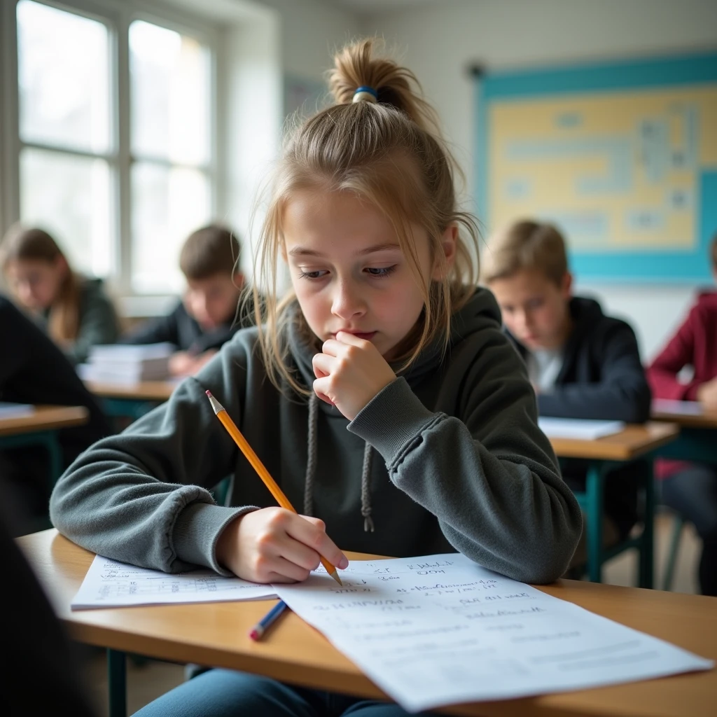 Developing cultural and intellectual skills, education according to the curricula prescribed for students , receiving information in the classroom, a close-up picture of a freckled swedish student wearing a yellow traditional uniform sitting on a school desk, performing school assignments