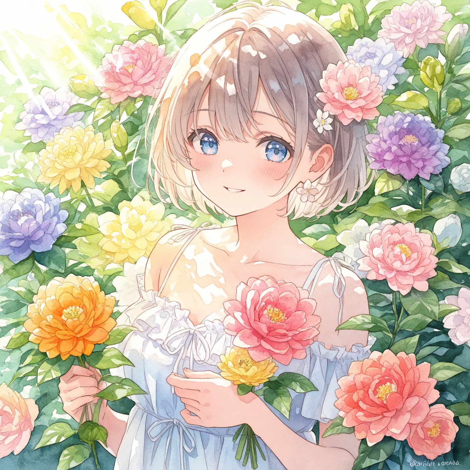 1 girl, 18yo, (flat chest: 1.5), blue eyes, light brown hair, bob cut, early summer outfit, smiling, posing, having fun, upper body, Agapanthus flowers spread across the fields, sunset, 8k, RAW photo, best quality, masterpiece, extremely detailed 8k wallpaper, ultra-detailed, best shadow, detailed background, beautiful detailed face, beautiful detailed eyes, nice hands, perfect hands