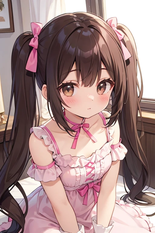 absurdres, highres, masterpiece, best quality,
kamiya nao, brown hair, long hair, (shy:1.1), (blush:1.1), pink lips, break,
(pink maid:1.1), white maid headdress, white maid stockings,
bed room, incoming kiss,
<lora:Kamiya_Nao:1>, <lora:incominghugAlpha16:1>