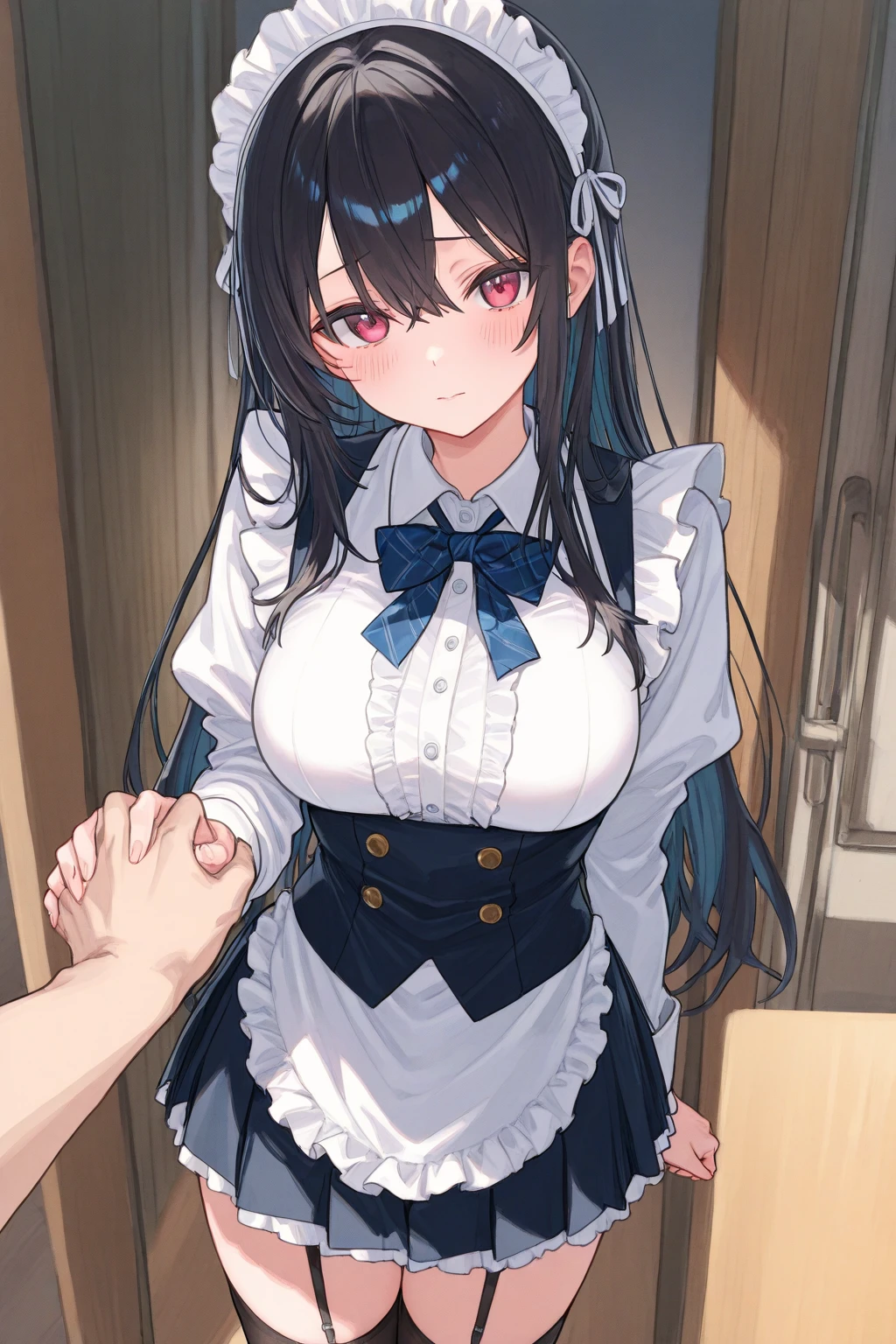 Big Breasts:1.2、、Highest quality、Very detailed、Highly realistic eye masterpiece、Highest quality、Very detailed、Browsing Caution、From below、Big Breasts、Lifting the skirt with one hand、Masturbation、Perfect Face、Long Hair、、sit、Maid clothes、Light blue hair