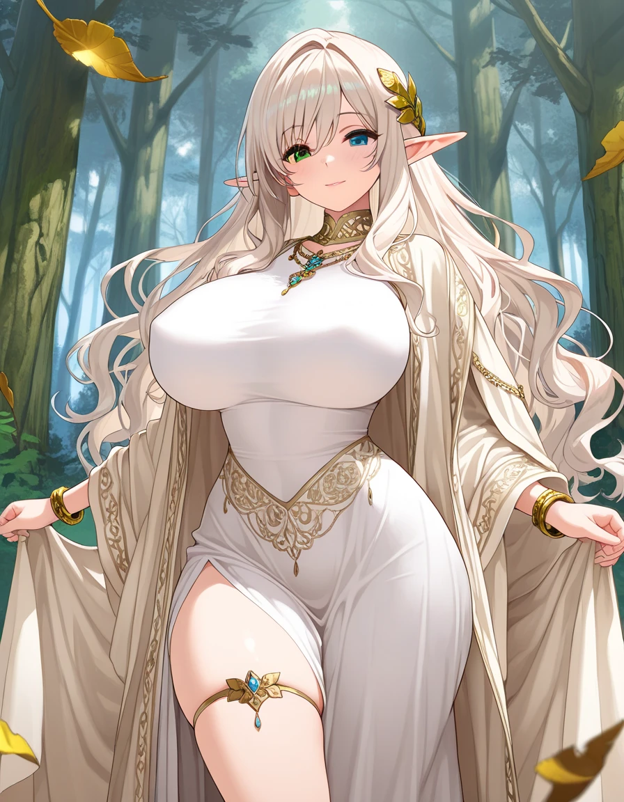 ((1 woman with very long white hair, large curvaceous,((gigantic breasts, erect breasts)),((holding and perming her breasts, milk coming out of her breasts)),((large and transparent white dress)),( (green eyes, closed, naughty smile)), in a haunted forest, at night)),