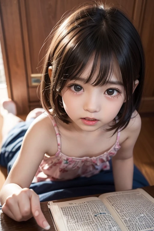 top-quality、softlight、(depth of fields)、超A high resolution、(Photorealsitic:1.4)、Raw photography、(portlate:1.4)、(From Side) 1 Japan Girls、独奏、cute little、(full of shyness、A smile: 1.1)、(Brown-eyed)、detailed beautiful faces、(Shorthair)、a bed
